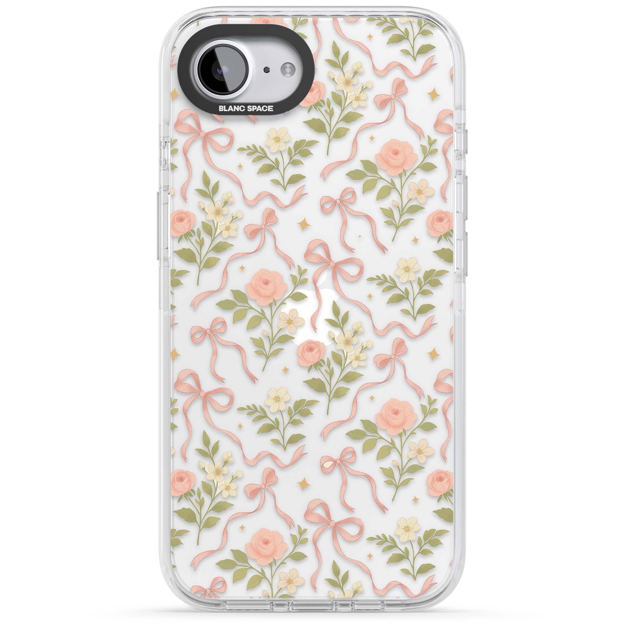 Ribbon Garden coquette iPhone case featuring pink bows, peach roses and wildflowers on white background | Clear Impact case for iPhone 16e, iPhone 17e