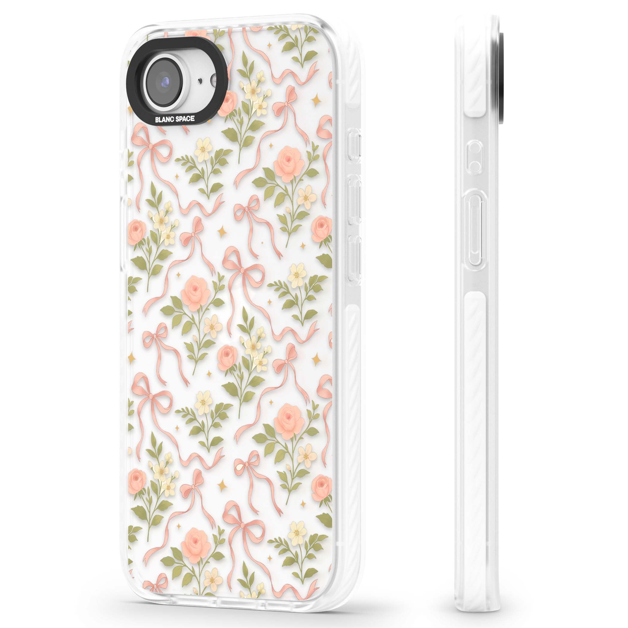 Ribbon Garden coquette iPhone case featuring pink bows, peach roses and wildflowers on white background | Clear Impact case for iPhone 16e, iPhone 17e