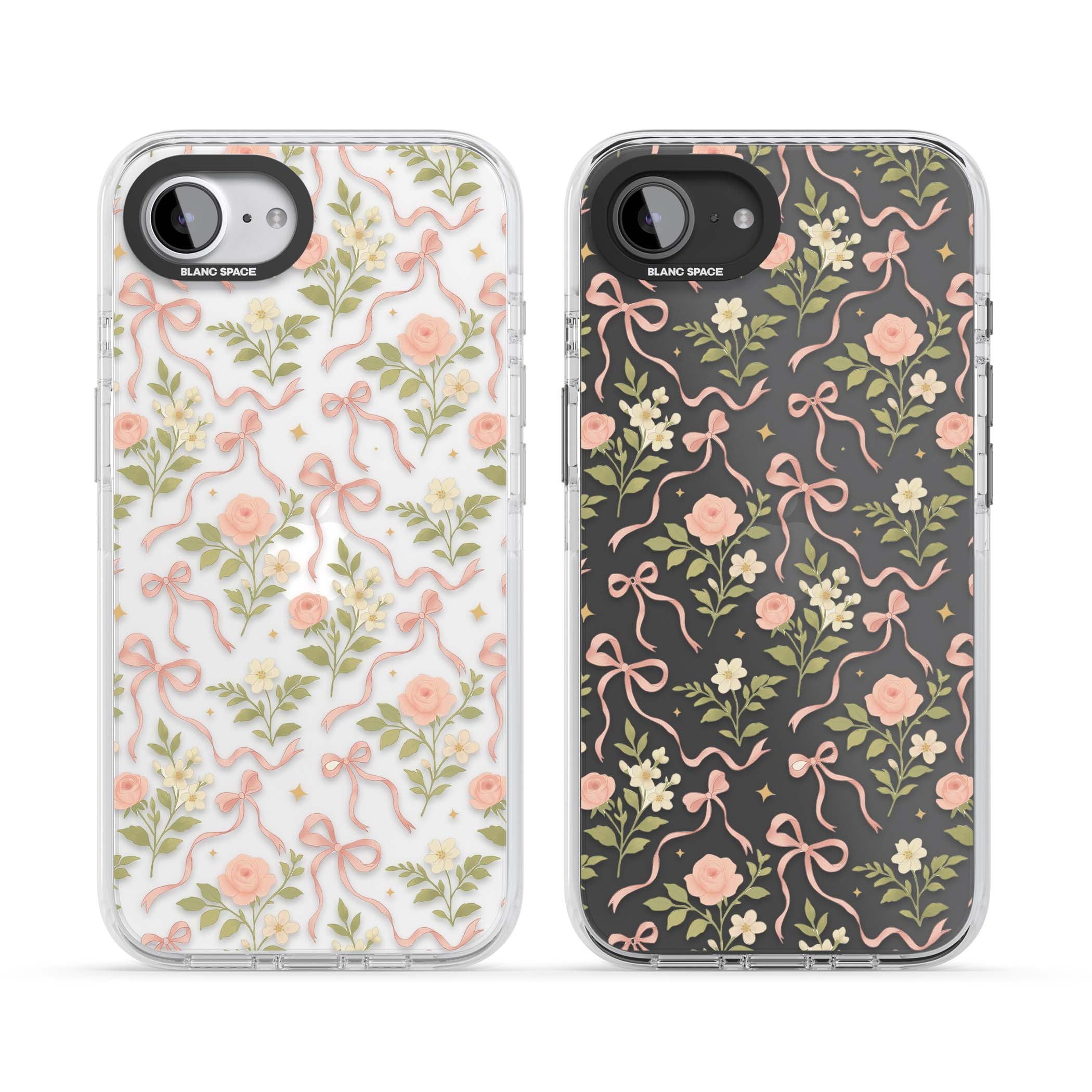 Ribbon Garden coquette iPhone case featuring pink bows, peach roses and wildflowers on white background | Clear Impact case for iPhone 16e, iPhone 17e