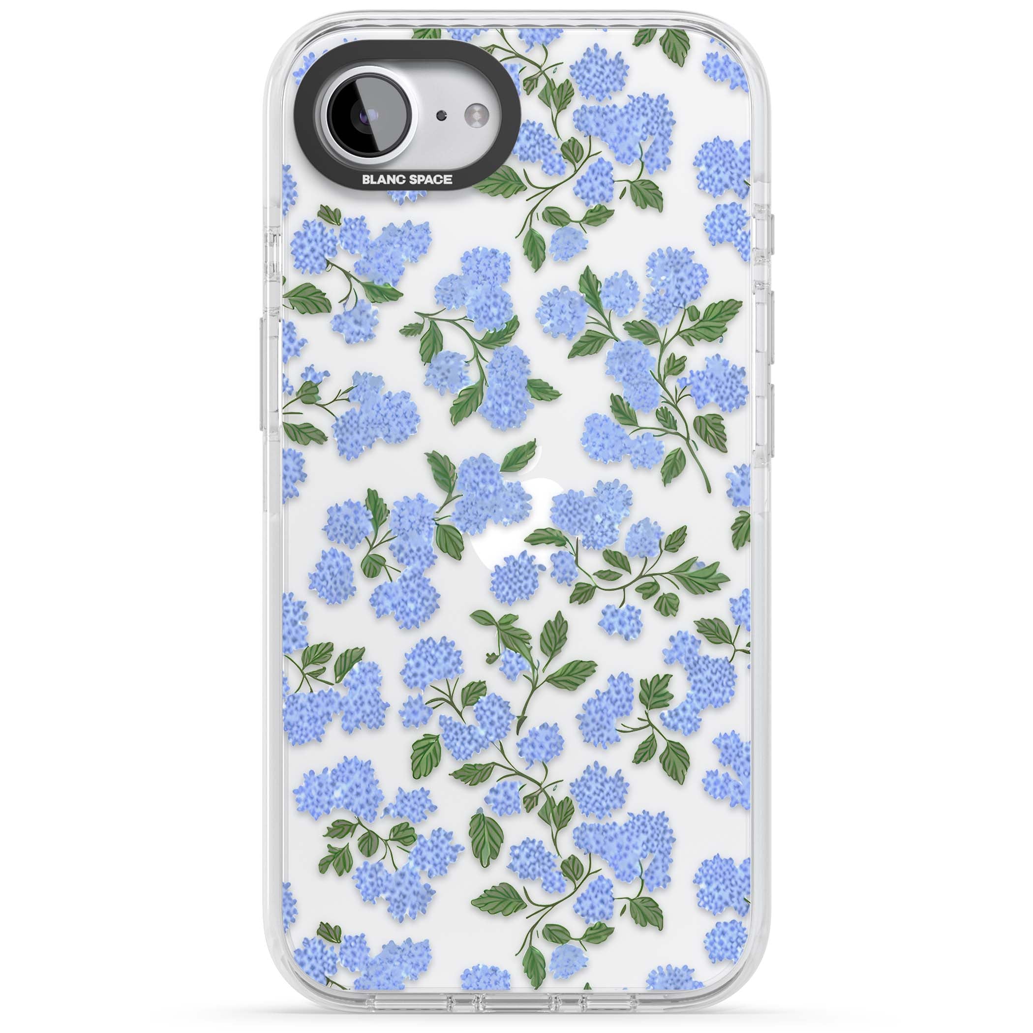 Hydrangea Dreams cottagecore iPhone case featuring soft blue hydrangea flower clusters and green leaves | Clear Impact case for iPhone 16e, iPhone 17e