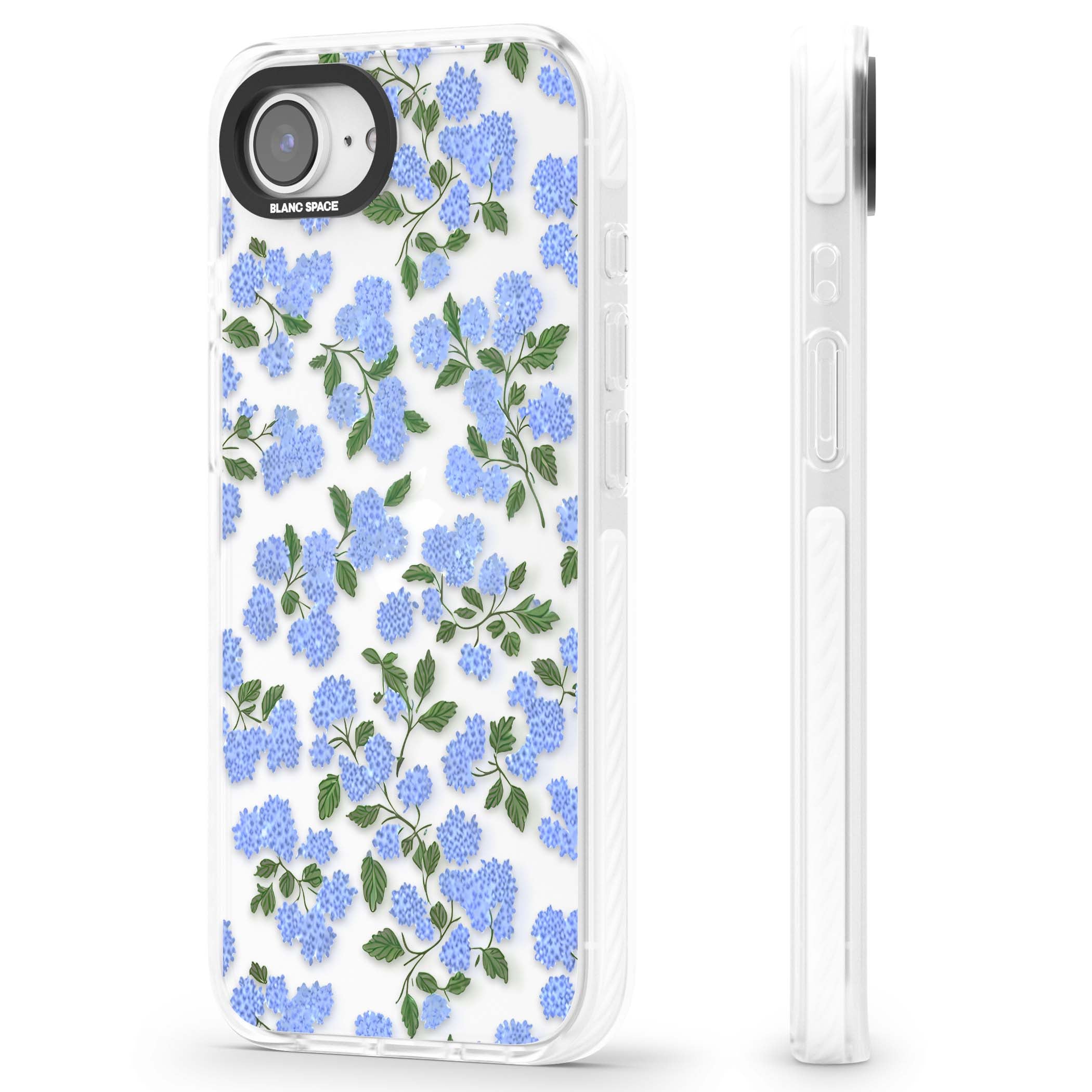 Hydrangea Dreams cottagecore iPhone case featuring soft blue hydrangea flower clusters and green leaves | Clear Impact case for iPhone 16e, iPhone 17e