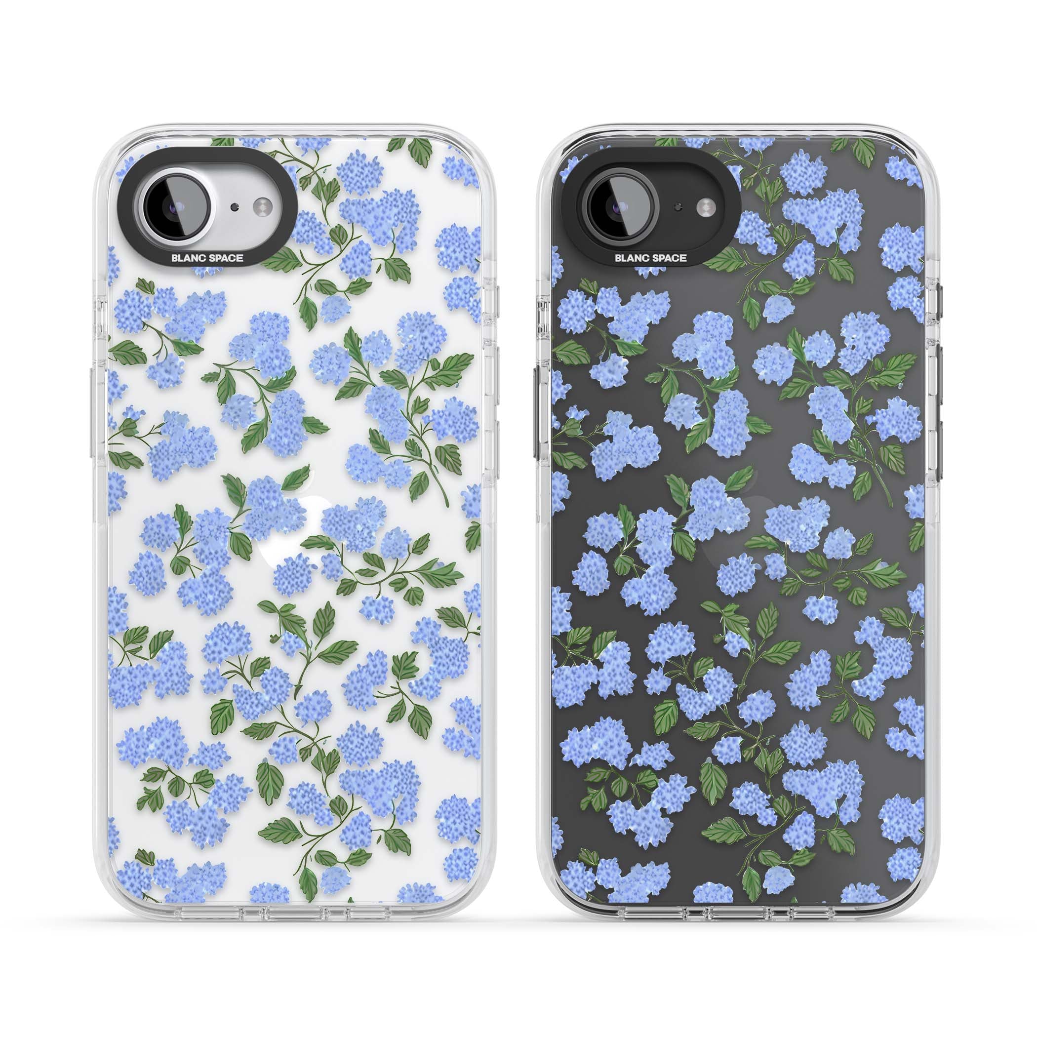 Hydrangea Dreams cottagecore iPhone case featuring soft blue hydrangea flower clusters and green leaves | Clear Impact case for iPhone 16e, iPhone 17e