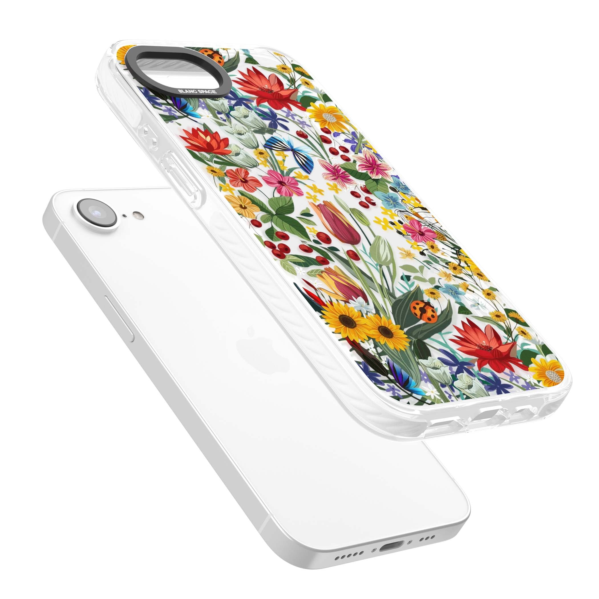 Botanical Bloom cottagecore iPhone case featuring colorful wildflowers, sunflowers, and ladybugs on clear background | Clear Impact case for iPhone 16e, iPhone 17e