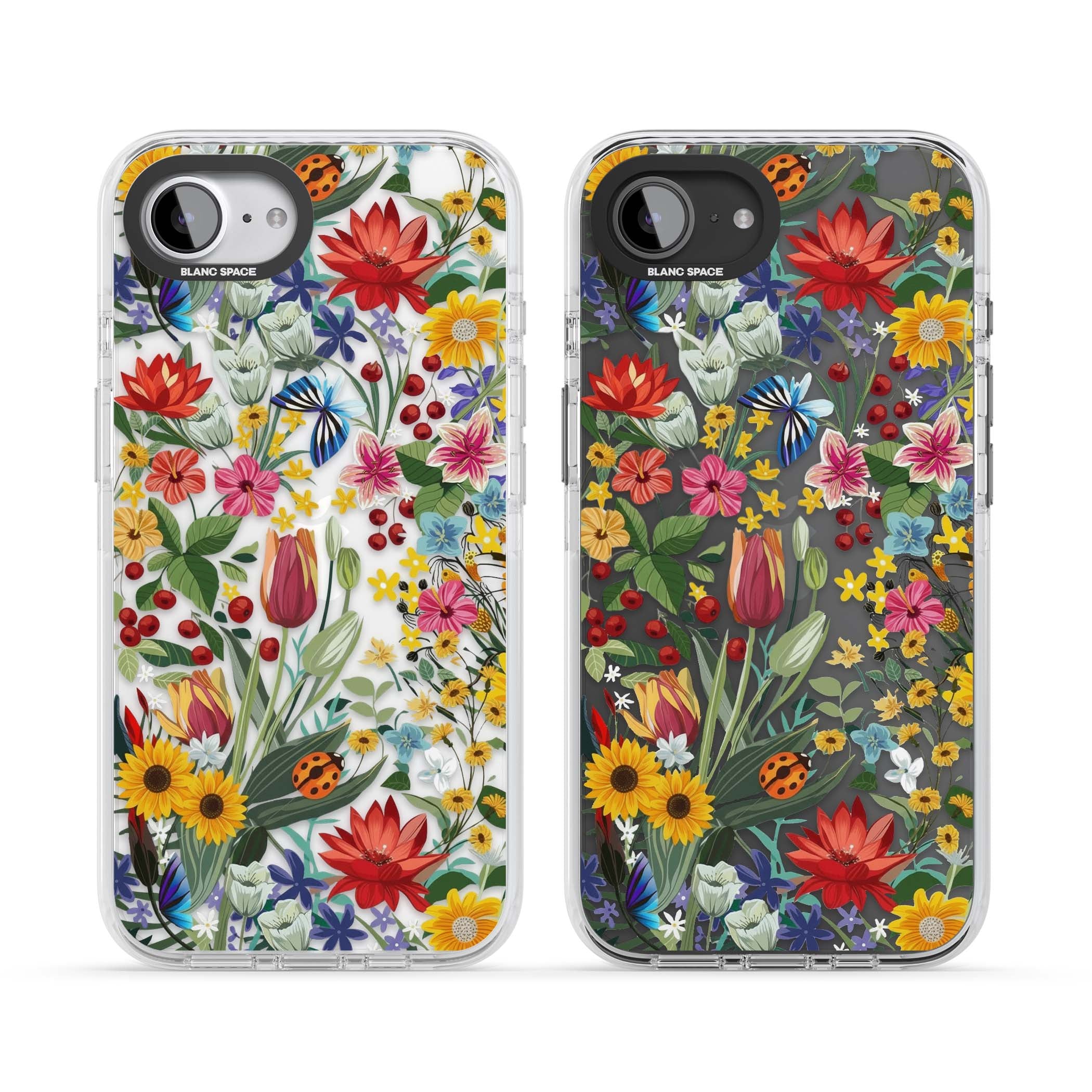 Botanical Bloom cottagecore iPhone case featuring colorful wildflowers, sunflowers, and ladybugs on clear background | Clear Impact case for iPhone 16e, iPhone 17e