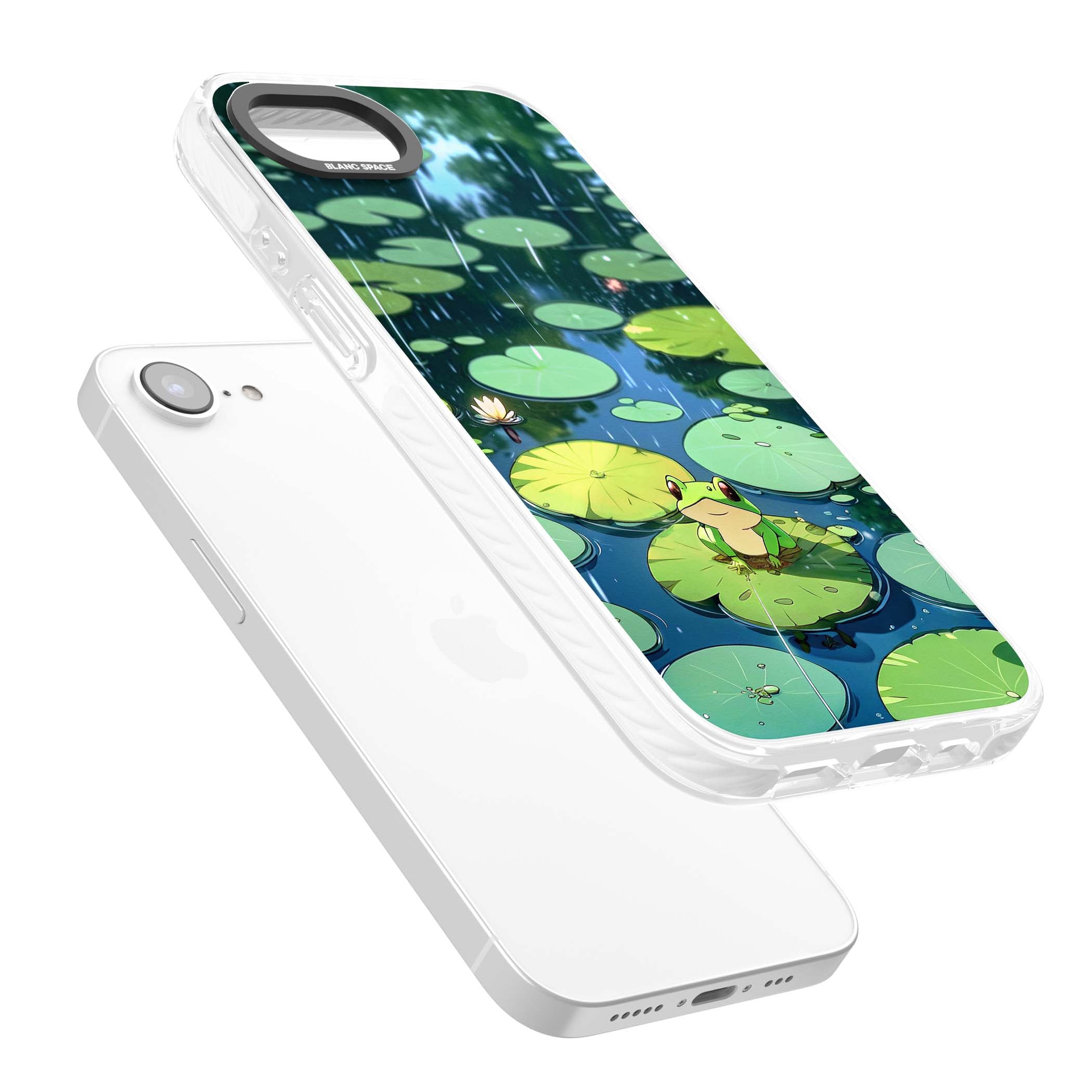 Frog In Lily Pond cottagecore iPhone case featuring a cute green frog on a lily pad with falling rain and a lotus flower | Clear Impact case for iPhone 16e, iPhone 17e