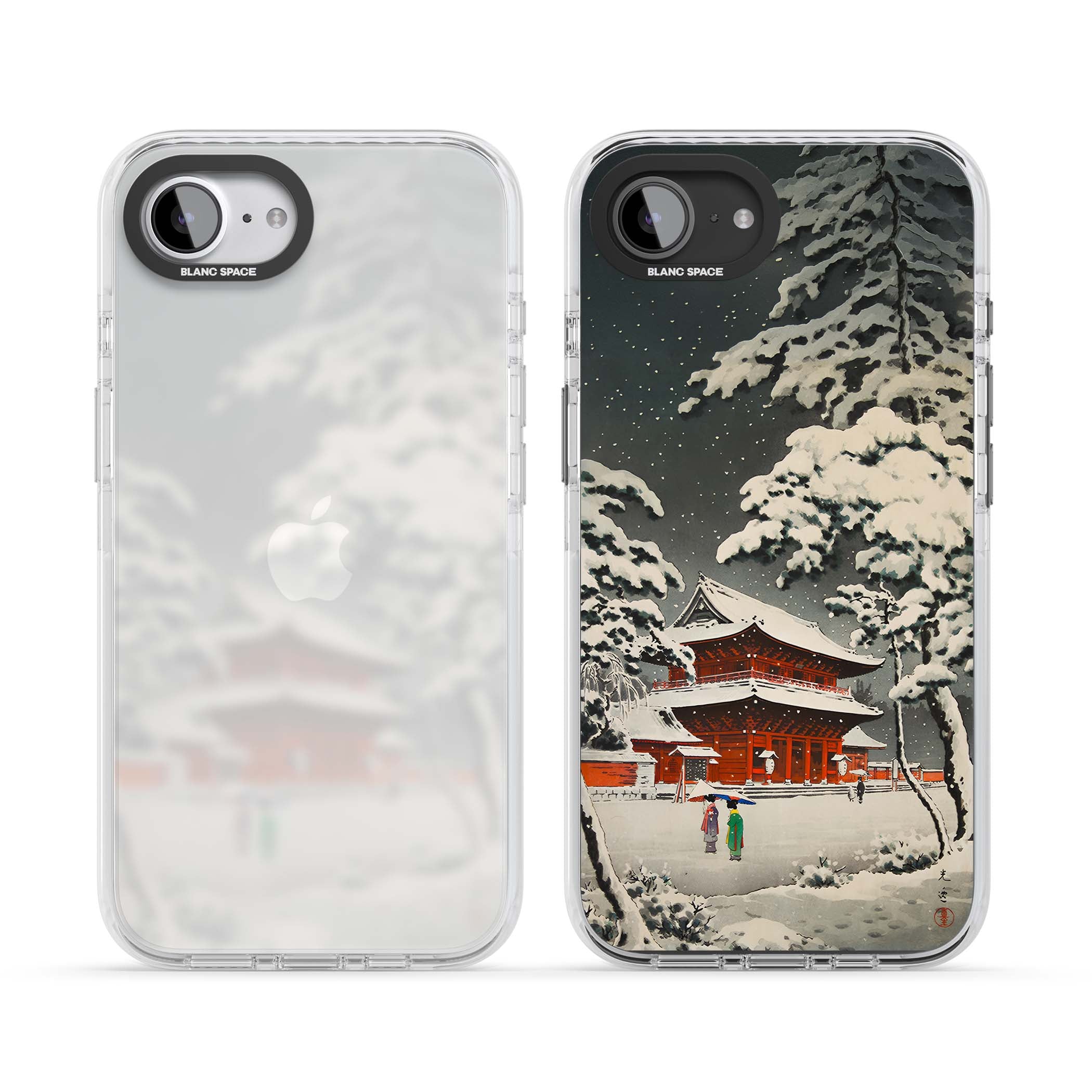 Snow at Shiha Park, Tokyo Japanese art iPhone case featuring a vintage ukiyo-e snowy temple, red pagoda, and snow-covered pin | Clear Impact case for iPhone 16e, iPhone 17e