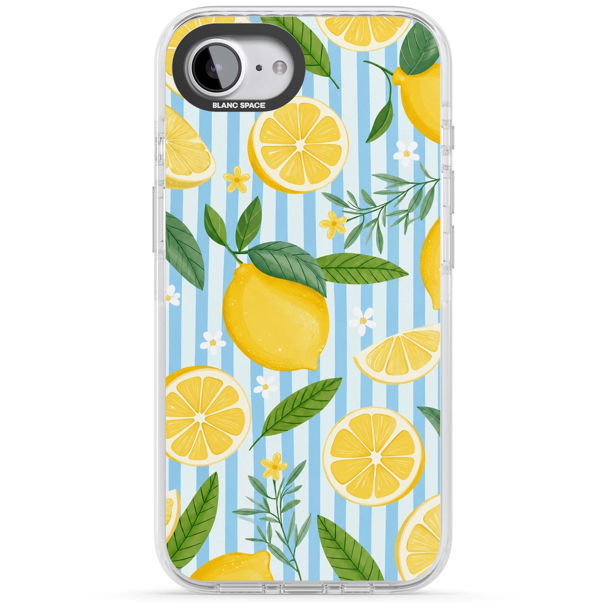 Capri Citrus Stripe coastal iPhone case featuring yellow lemons, blue stripes, and white daisy blossoms | Clear Impact case for iPhone 16e, iPhone 17e