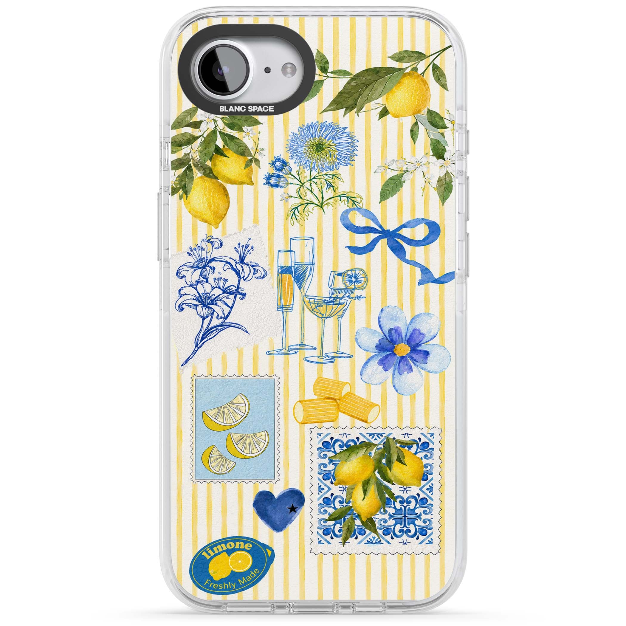 Limone Riviera Italian summer iPhone case featuring watercolour lemons, blue ribbon bows and majolica tile stamps on... | Clear Impact case for iPhone 16e, iPhone 17e