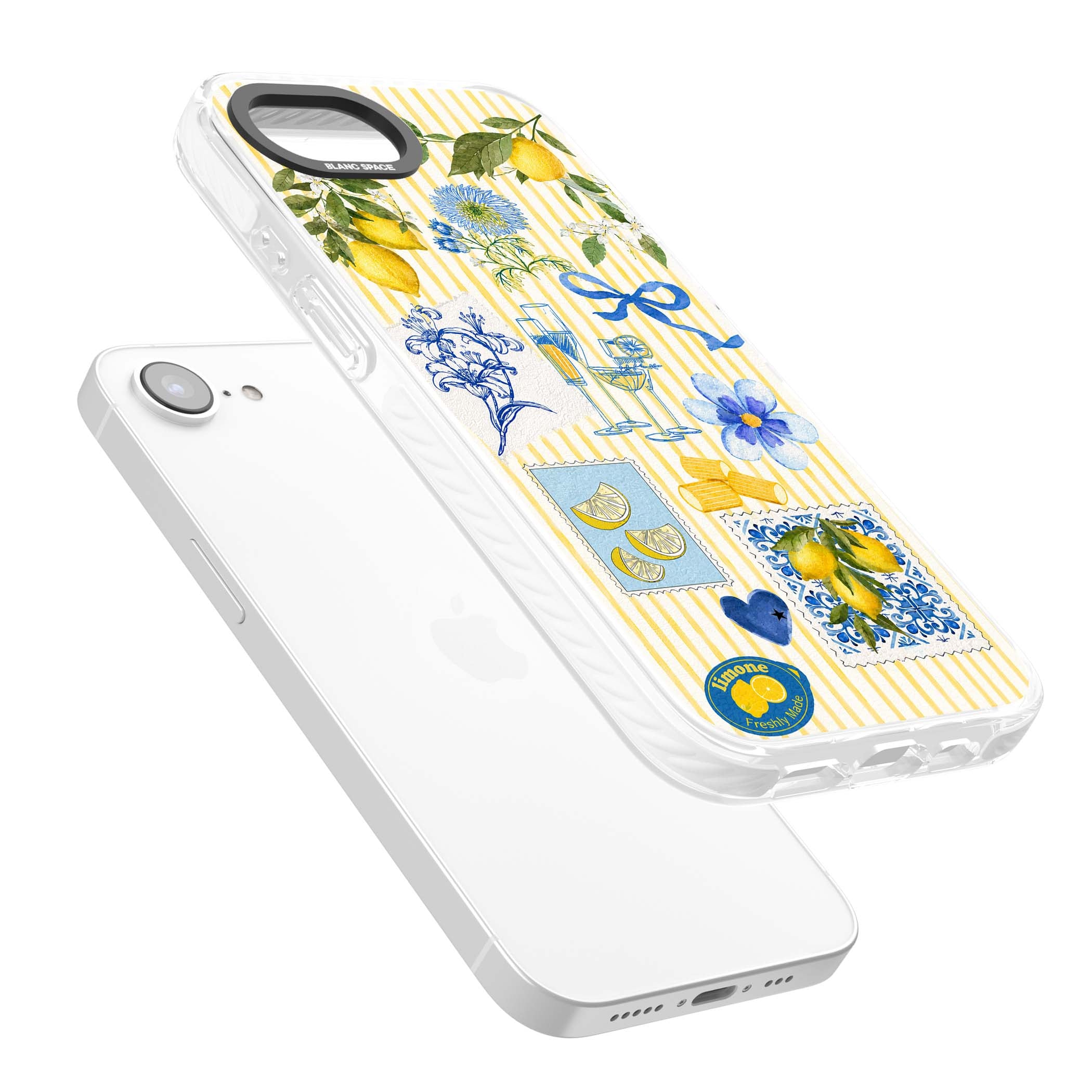Limone Riviera Italian summer iPhone case featuring watercolour lemons, blue ribbon bows and majolica tile stamps on... | Clear Impact case for iPhone 16e, iPhone 17e