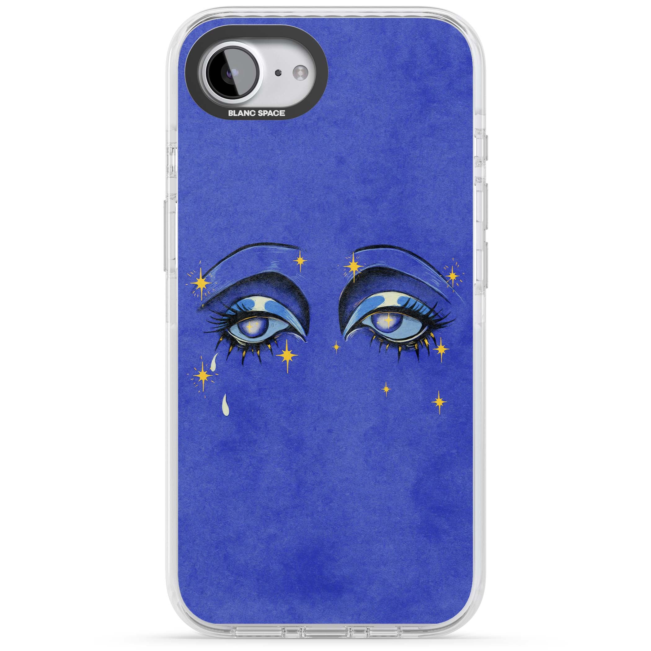 Blue Mystic Eyes celestial iPhone case featuring hand drawn blue mystical eyes, golden stars and a painted tear on indigo | Impact Magsafe case for iPhone 16e, iPhone 17e
