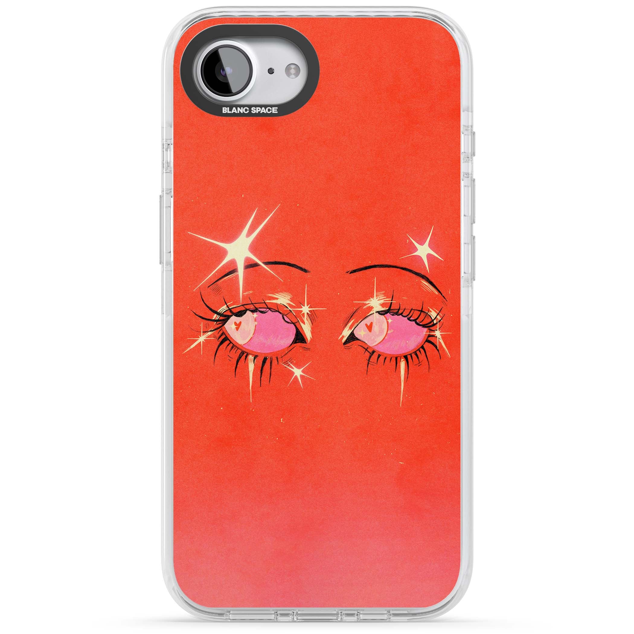 Pink Ethereal Eyes anime iPhone case featuring hand-drawn sparkly eyes with pink hearts and gold stars on red | Impact Magsafe case for iPhone 16e, iPhone 17e
