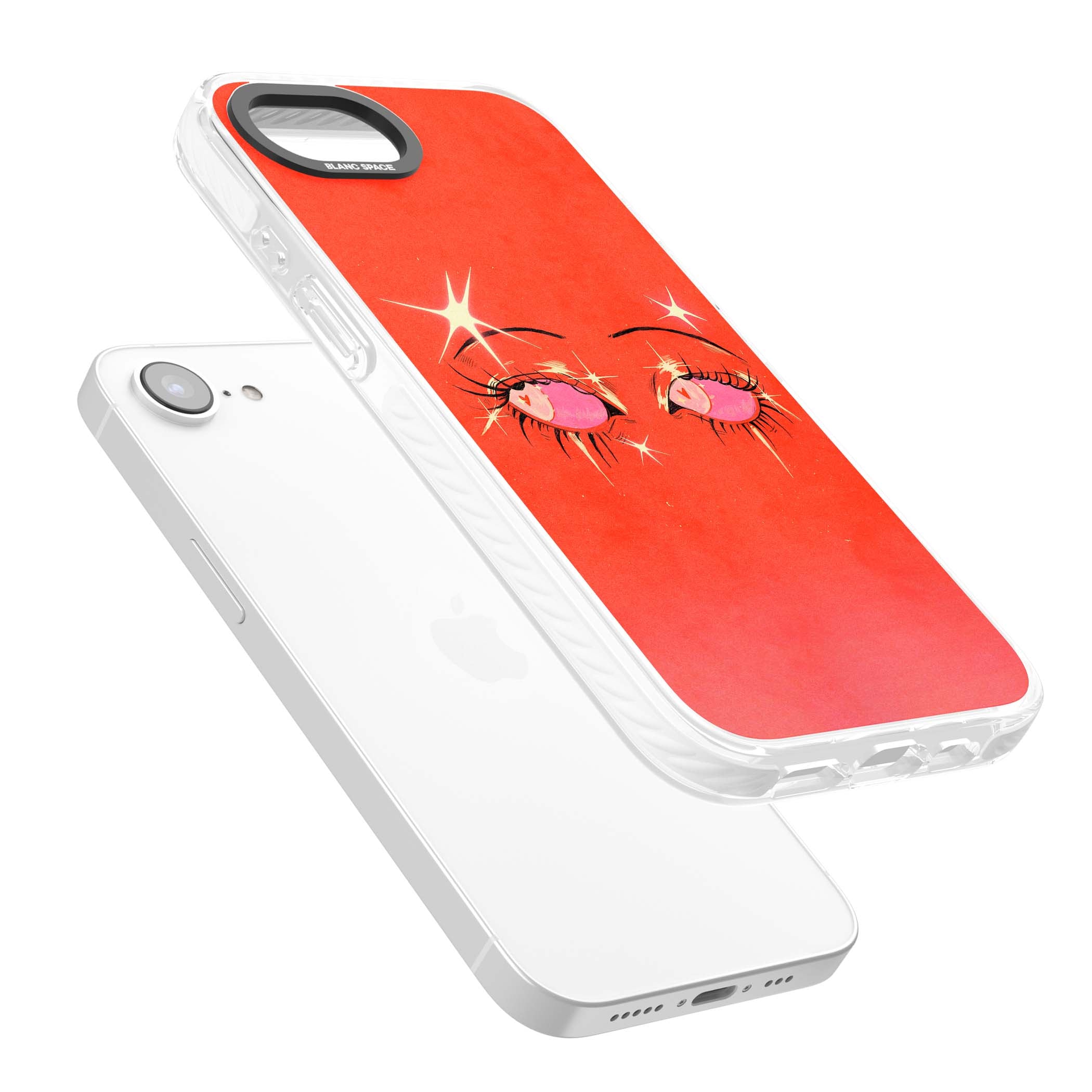Pink Ethereal Eyes anime iPhone case featuring hand-drawn sparkly eyes with pink hearts and gold stars on red | Impact Magsafe case for iPhone 16e, iPhone 17e
