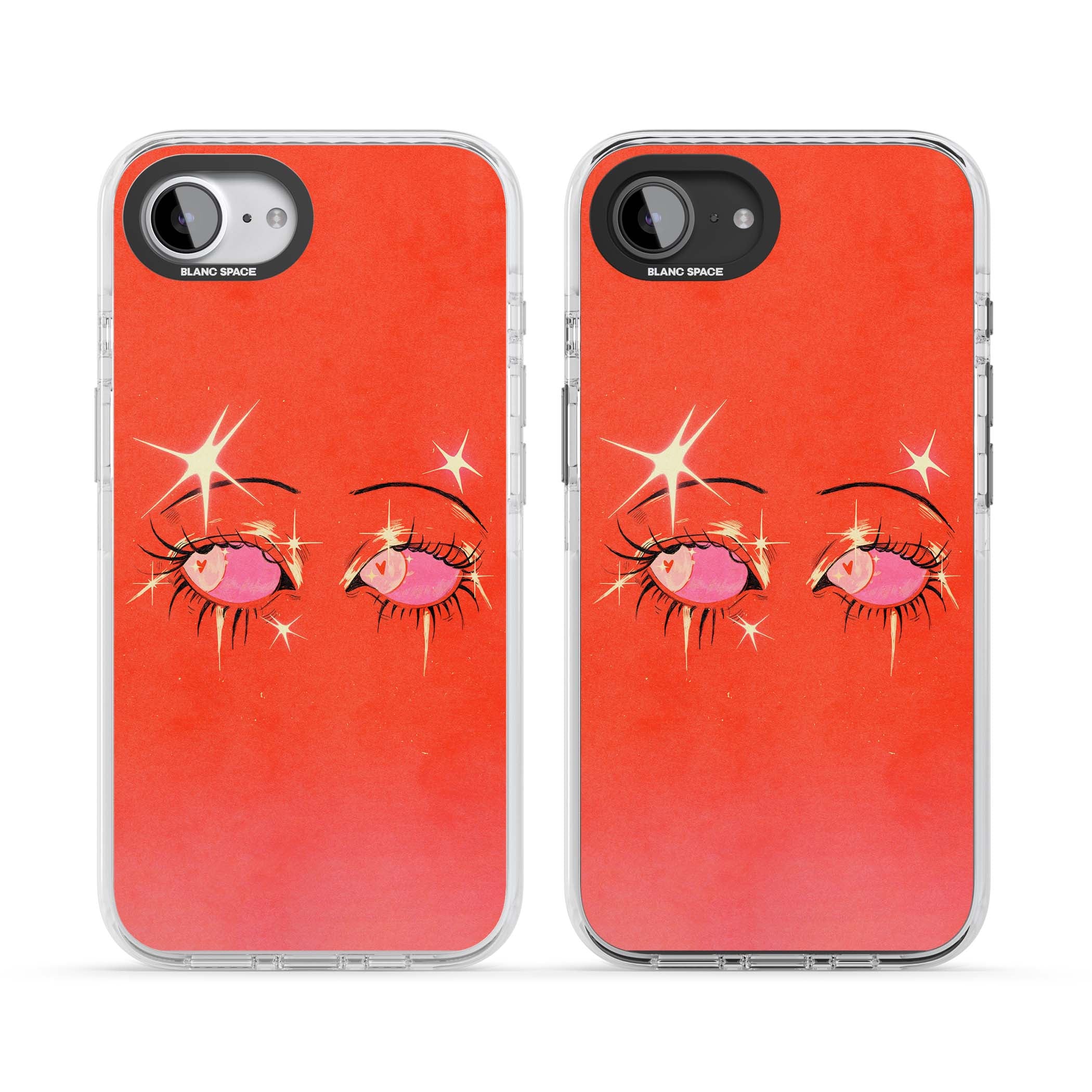 Pink Ethereal Eyes anime iPhone case featuring hand-drawn sparkly eyes with pink hearts and gold stars on red | Impact Magsafe case for iPhone 16e, iPhone 17e