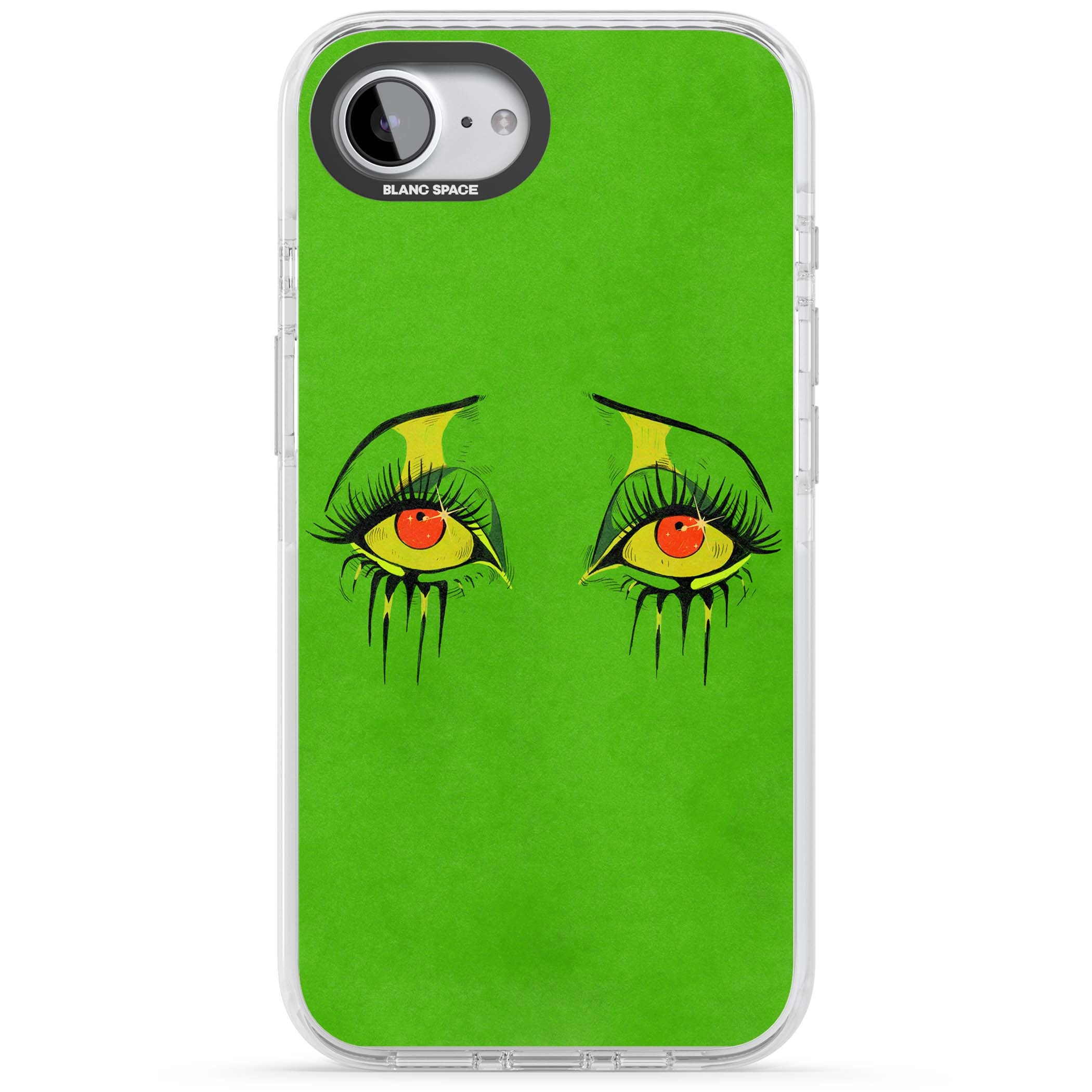 Green Enchanted Eyes psychedelic art iPhone case featuring hand-drawn dripping eyes on neon green background | Impact Magsafe case for iPhone 16e, iPhone 17e