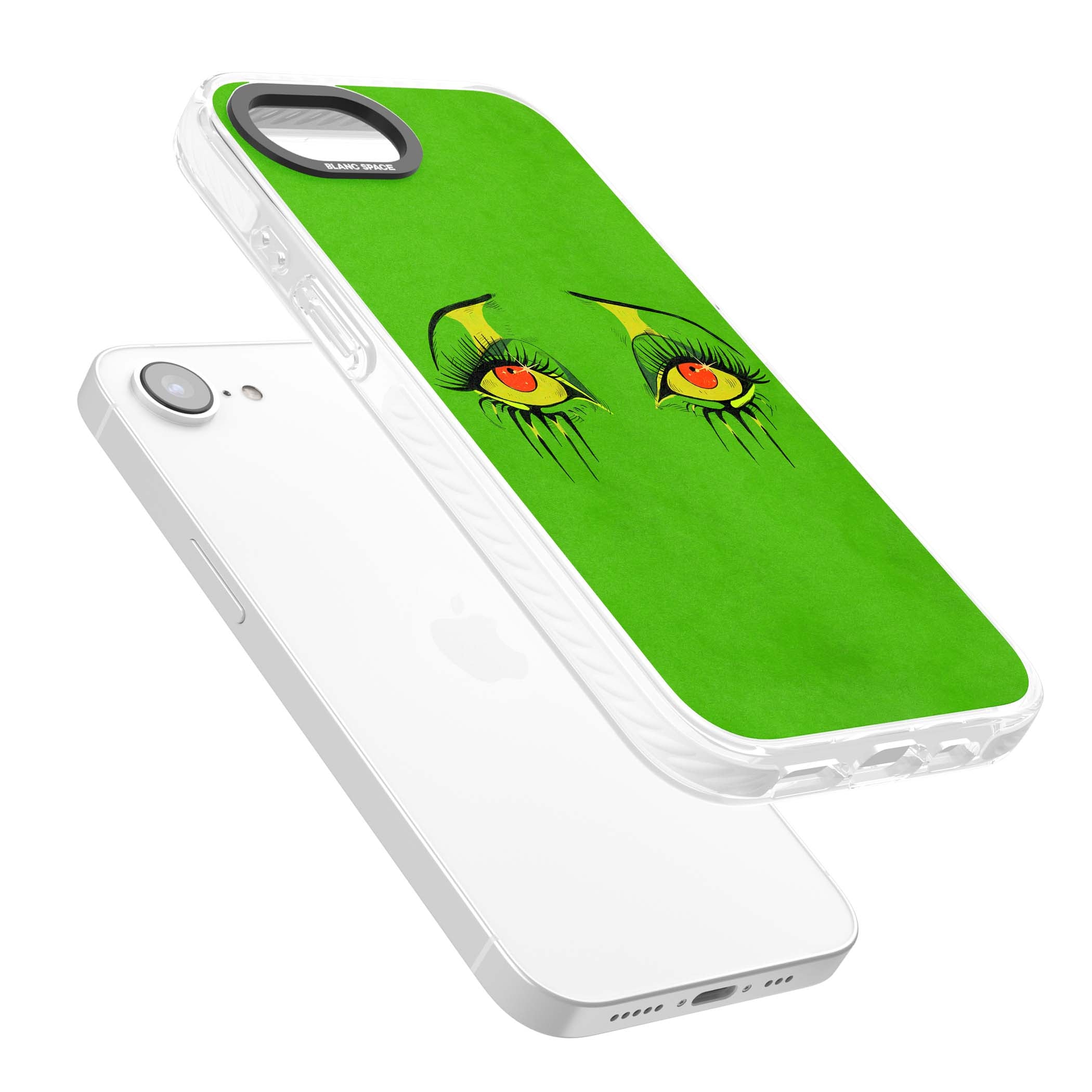 Green Enchanted Eyes psychedelic art iPhone case featuring hand-drawn dripping eyes on neon green background | Impact Magsafe case for iPhone 16e, iPhone 17e