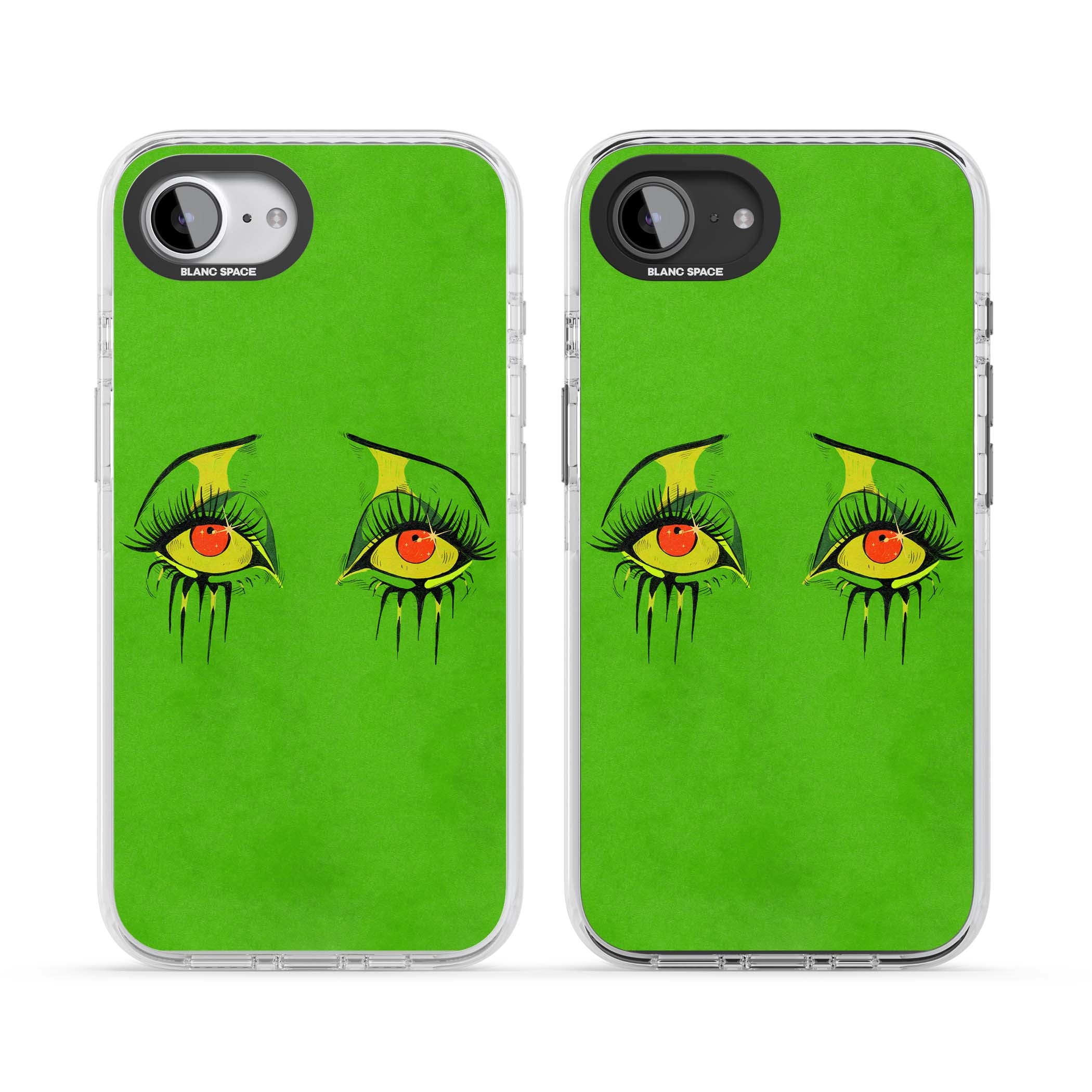 Green Enchanted Eyes psychedelic art iPhone case featuring hand-drawn dripping eyes on neon green background | Impact Magsafe case for iPhone 16e, iPhone 17e