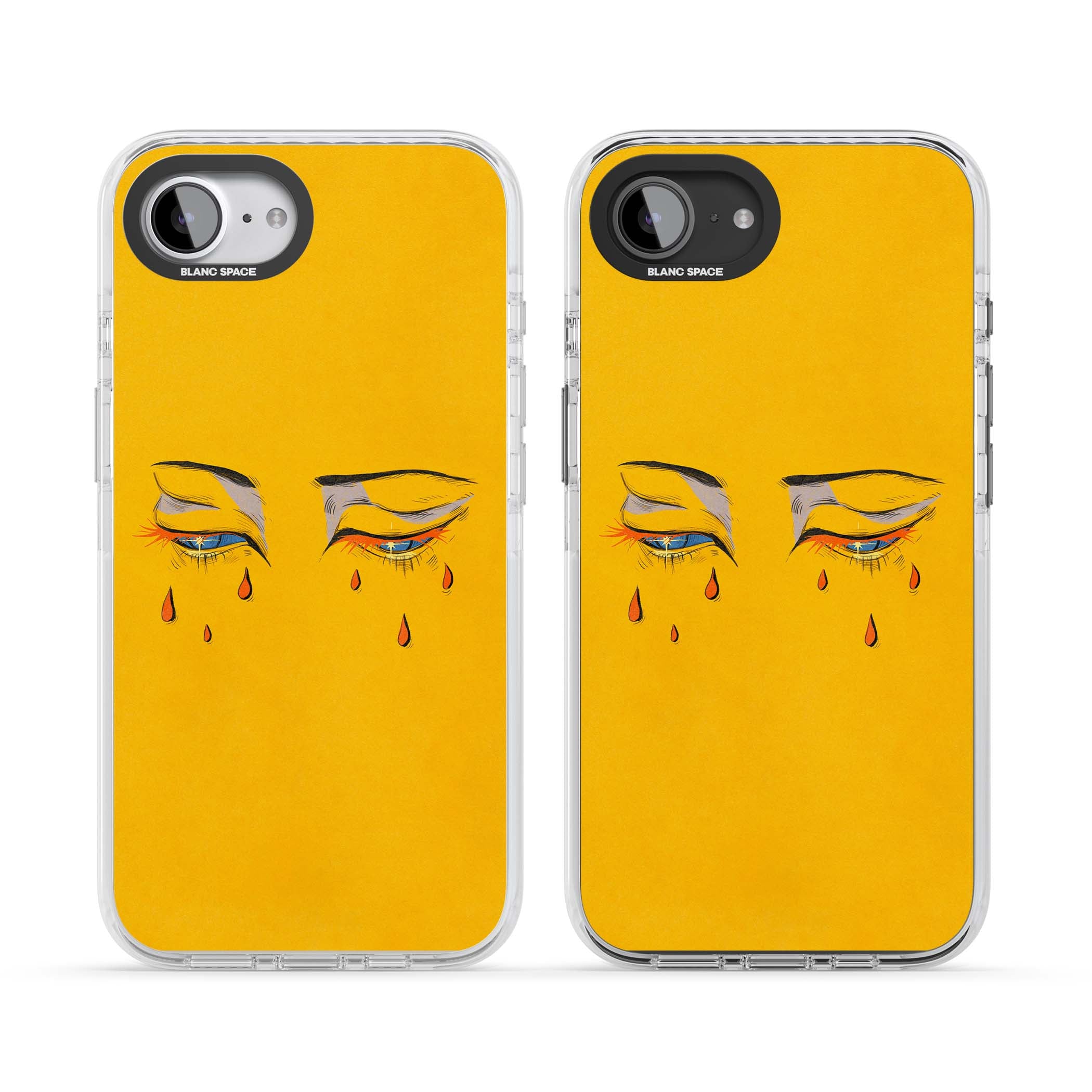 Yellow Tearful Eyes indie iPhone case featuring hand-drawn crying eyes with orange tears on a yellow background | Impact Magsafe case for iPhone 16e, iPhone 17e