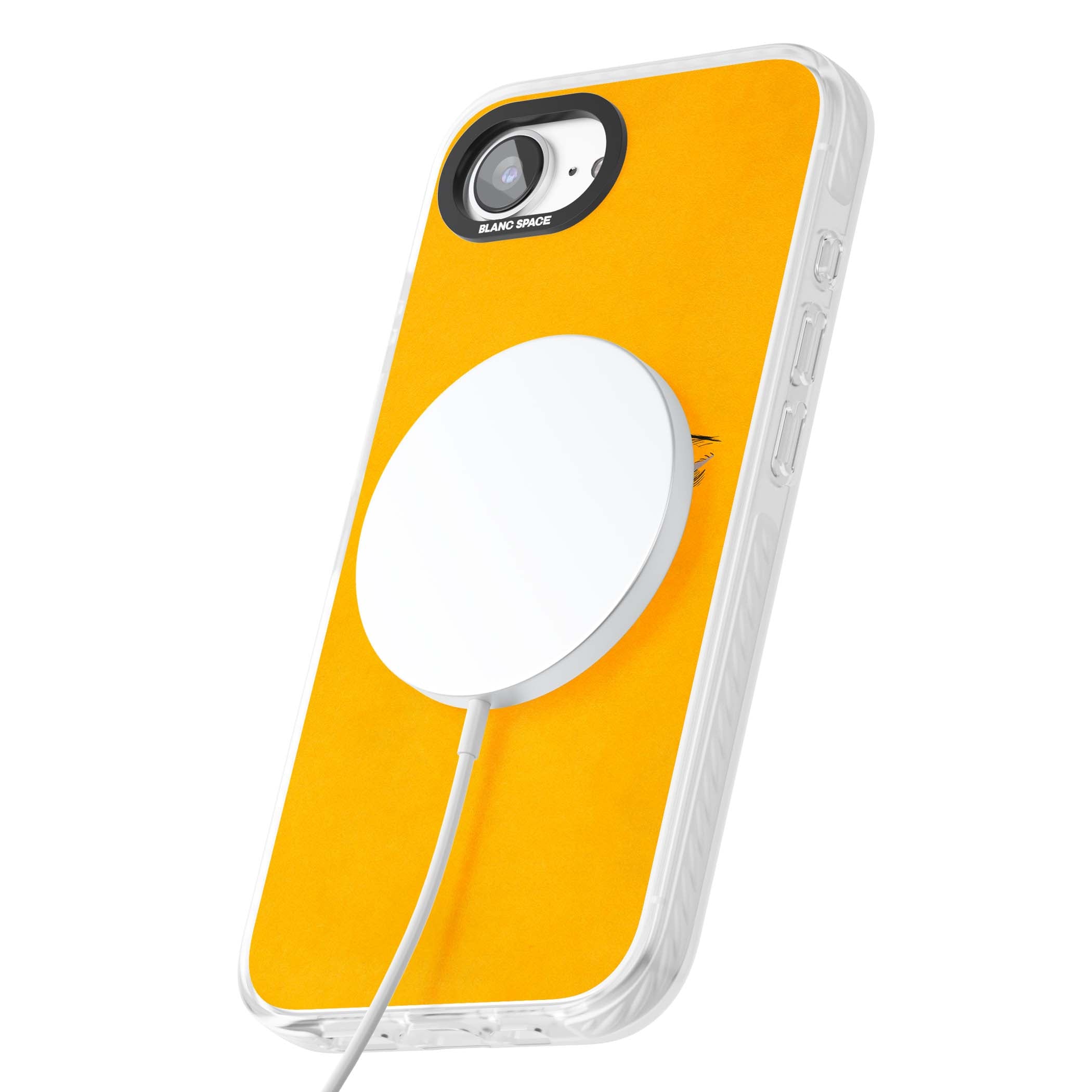 Yellow Tearful Eyes indie iPhone case featuring hand-drawn crying eyes with orange tears on a yellow background | Impact Magsafe case for iPhone 16e, iPhone 17e
