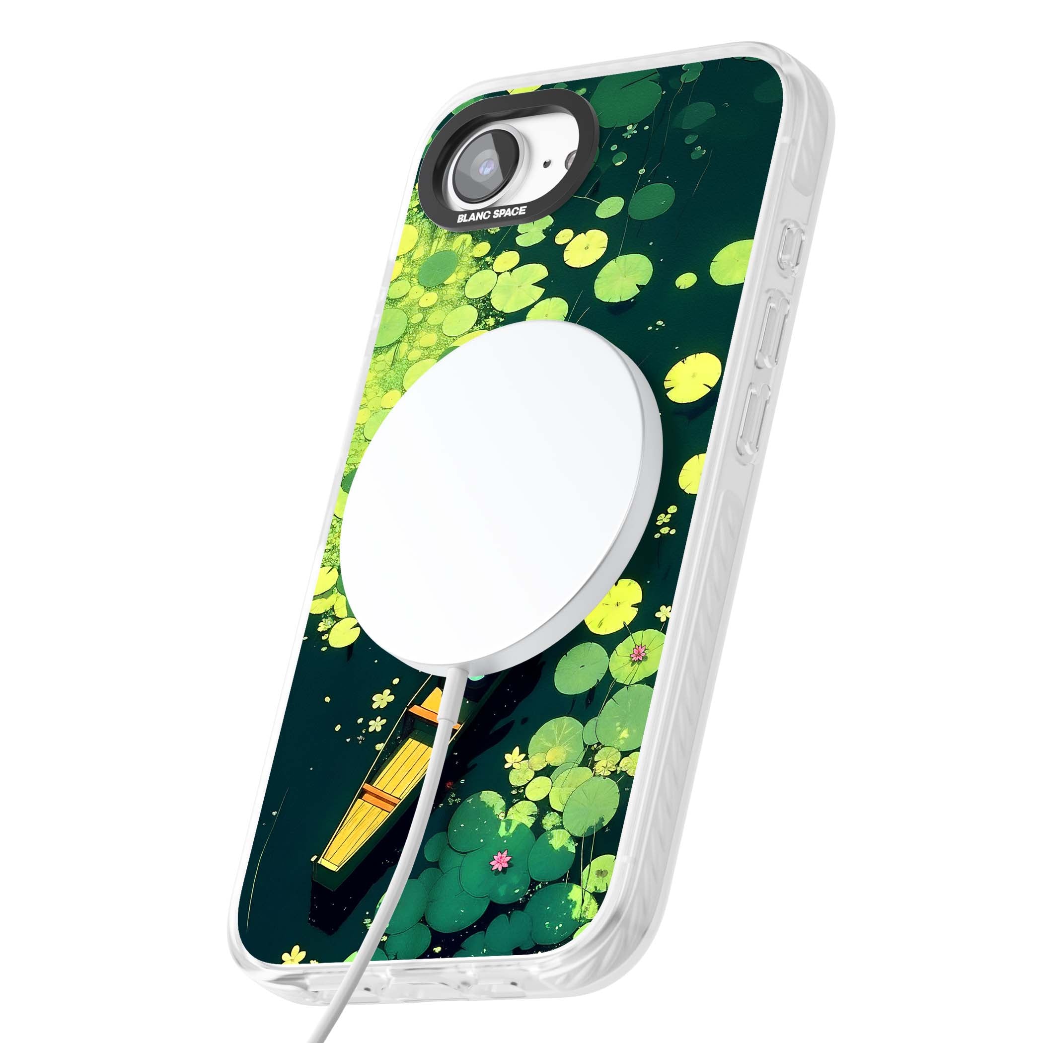 Jade Waters cottagecore iPhone case featuring a painted lily pond, wooden boat with parasol and floating water lilies | Impact Magsafe case for iPhone 16e, iPhone 17e