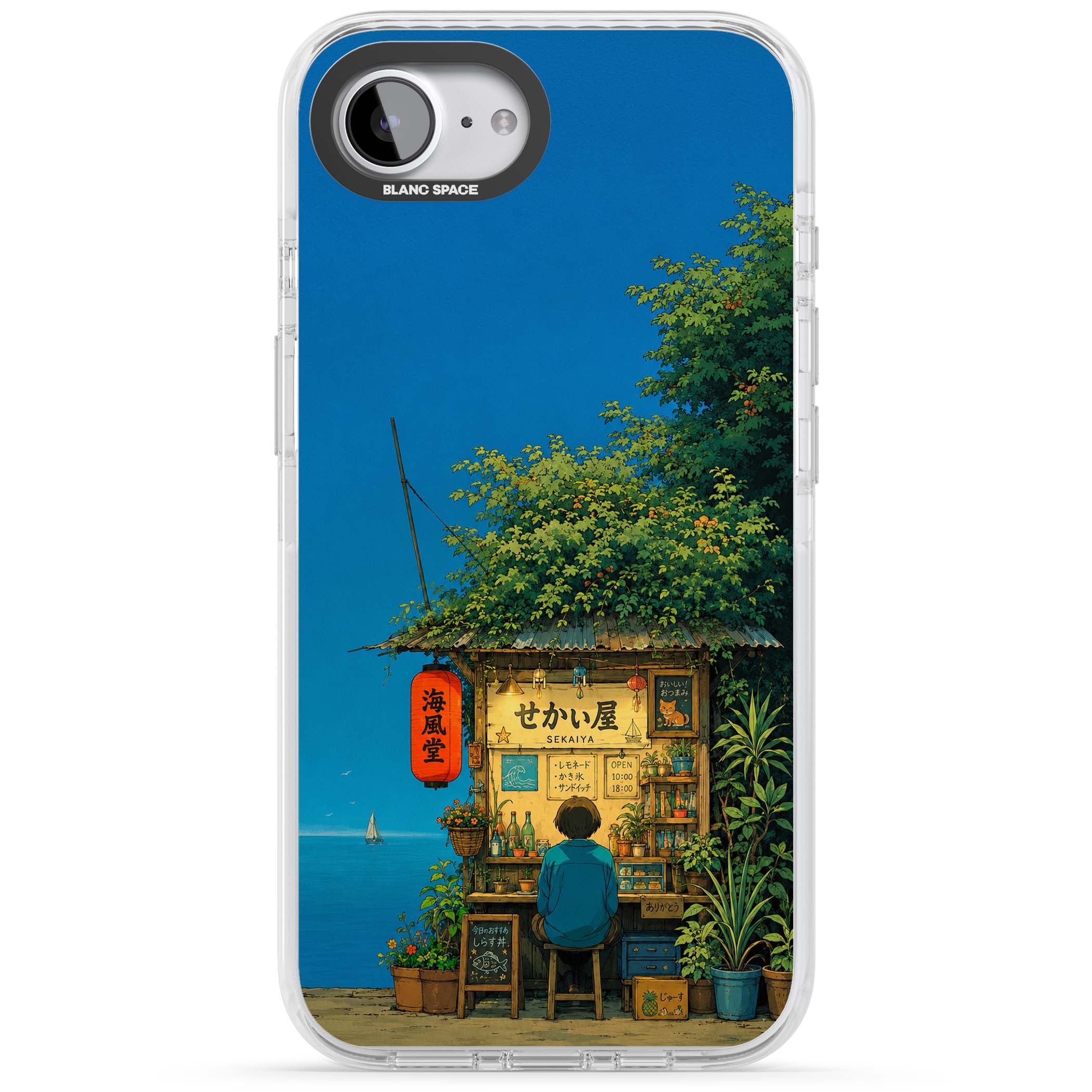The Shirahama Kiosk anime iPhone case featuring a Japanese seaside shop, red paper lantern and ocean view | Impact Magsafe case for iPhone 16e, iPhone 17e