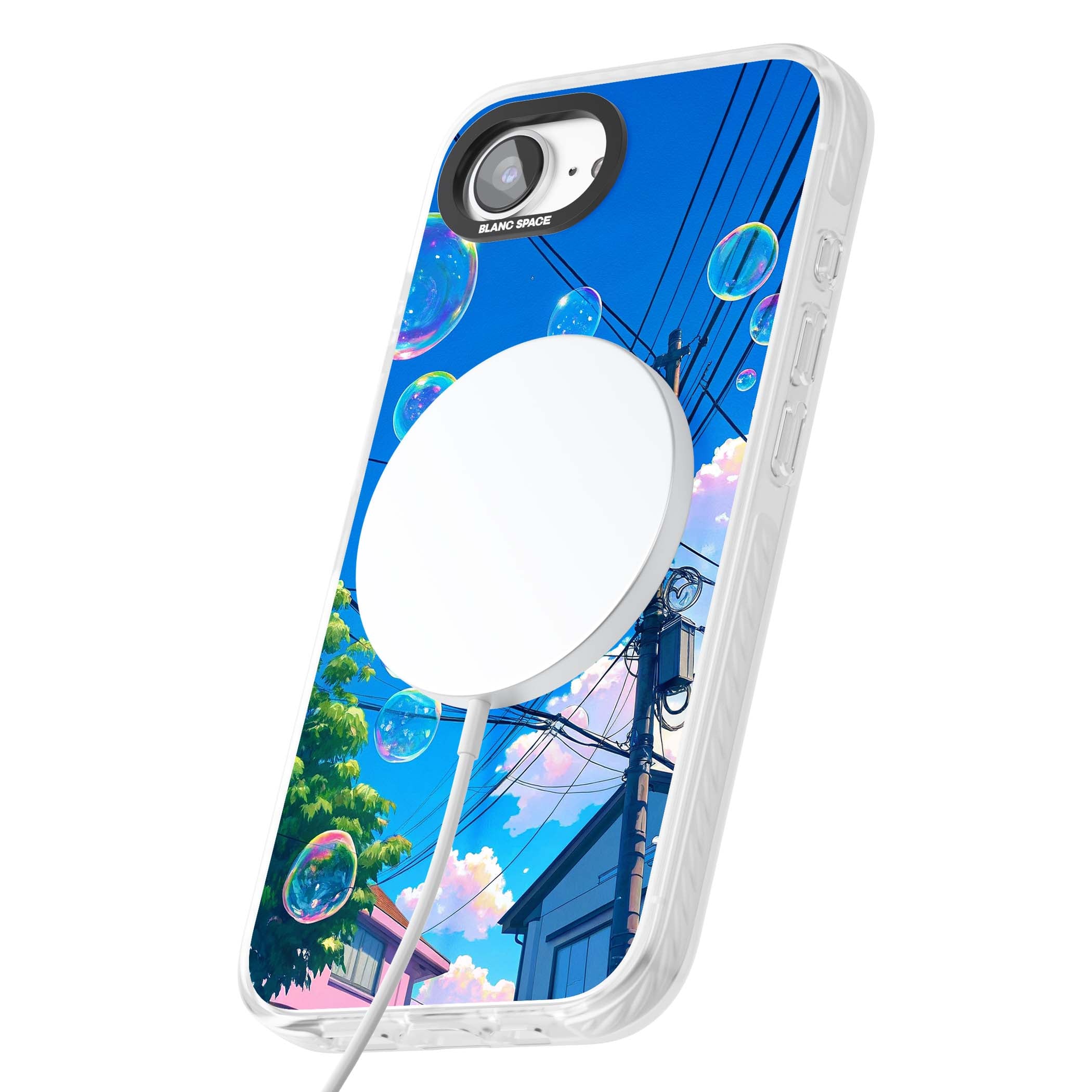 Suburban Bubbles anime iPhone case featuring iridescent soap bubbles, blue sky and Japanese telephone wires | Impact Magsafe case for iPhone 16e, iPhone 17e