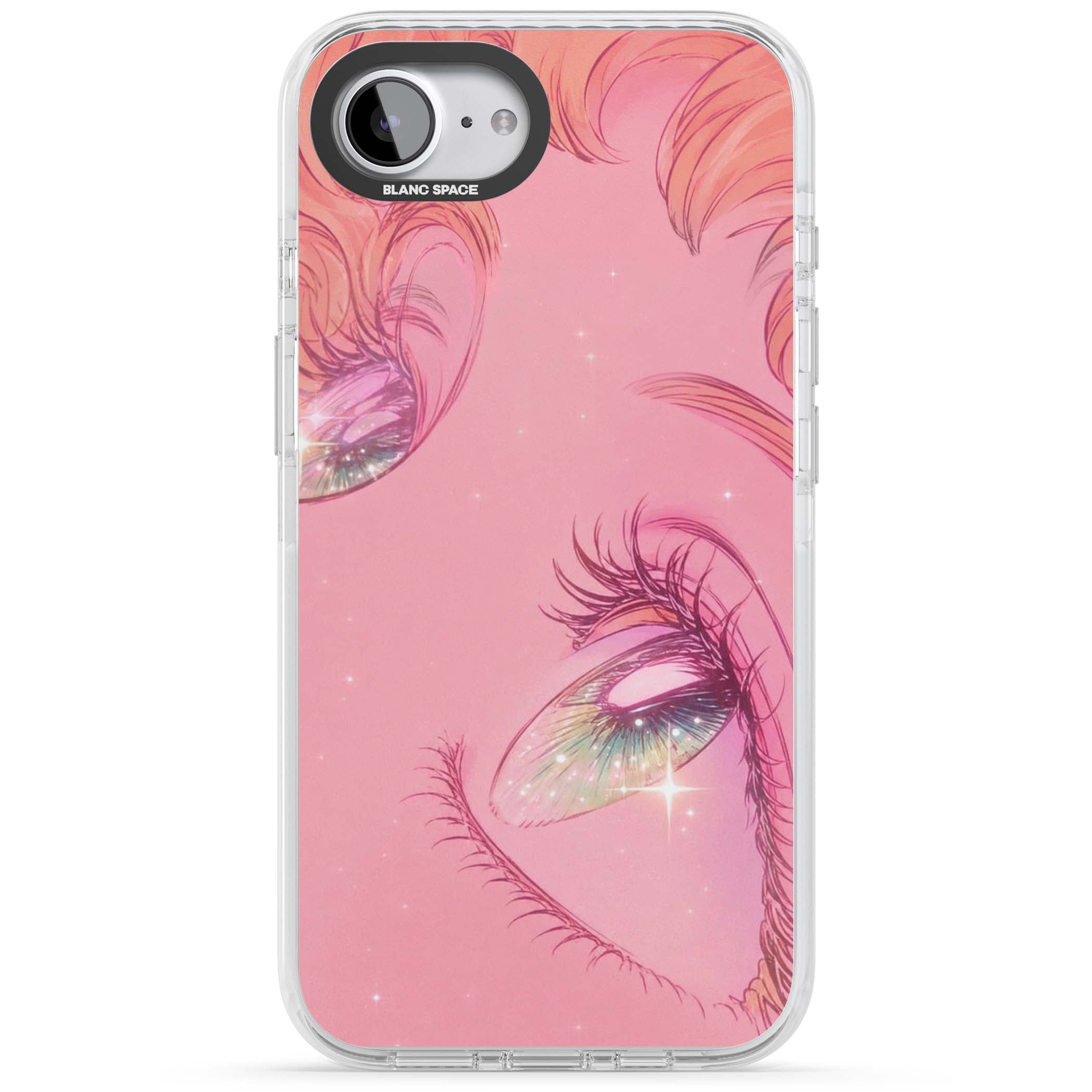 Pink Ethereal Gaze anime iPhone case featuring sparkling manga eyes, coral lashes and dreamy peach sky | Impact Magsafe case for iPhone 16e, iPhone 17e