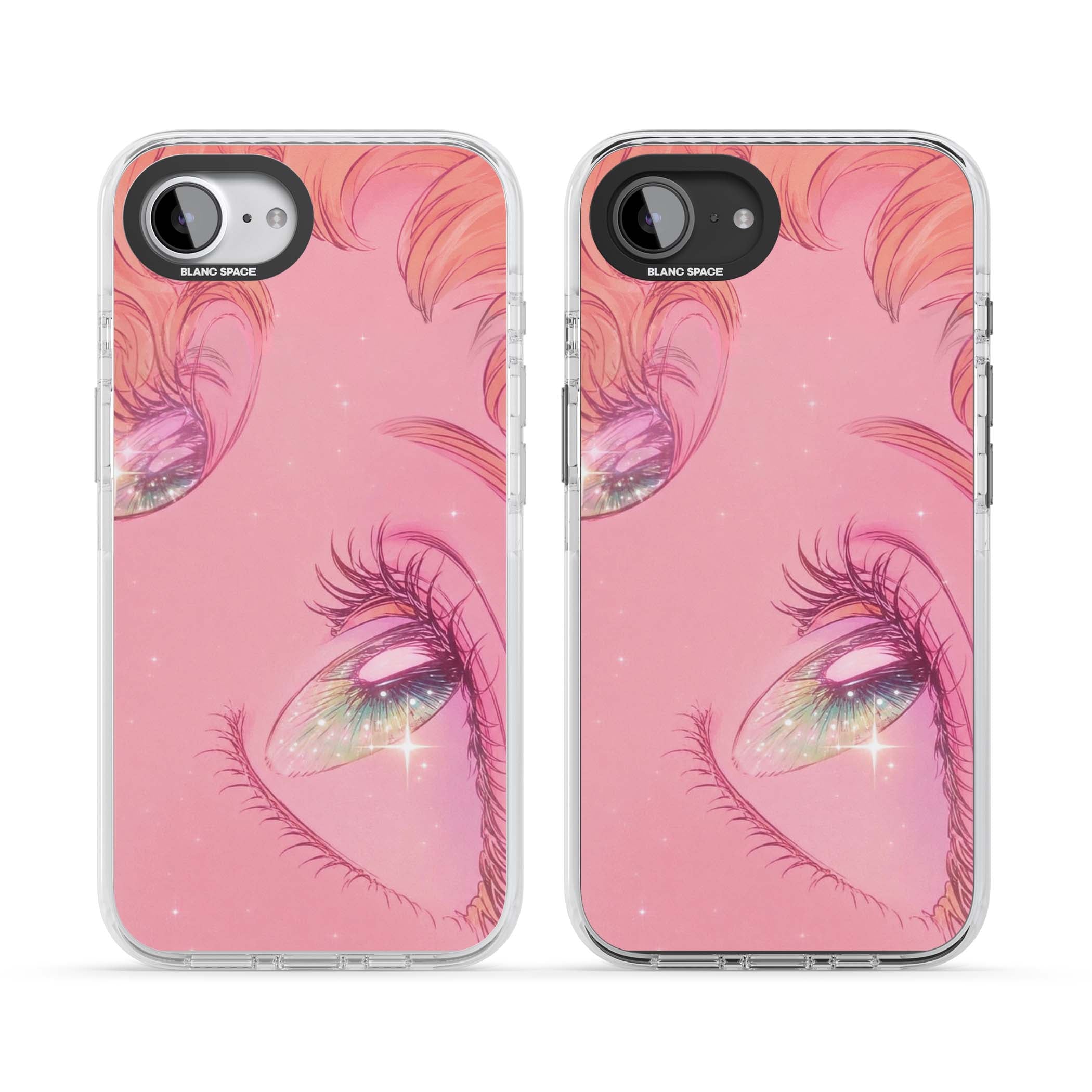 Pink Ethereal Gaze anime iPhone case featuring sparkling manga eyes, coral lashes and dreamy peach sky | Impact Magsafe case for iPhone 16e, iPhone 17e