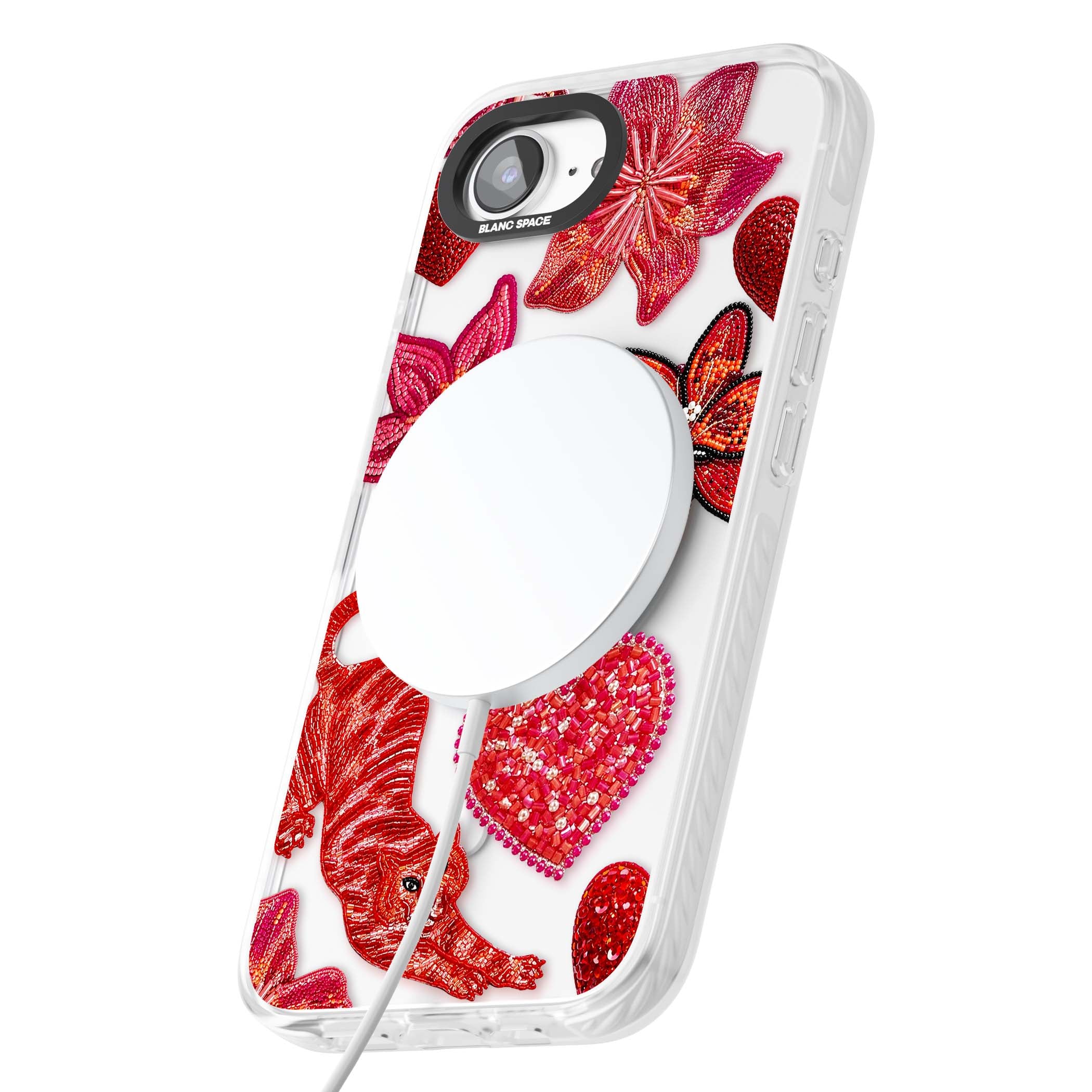 Beaded Boho floral iPhone case featuring beaded red lilies, a stitched tiger, and pearl-encrusted hearts on clear | Impact Magsafe case for iPhone 16e, iPhone 17e