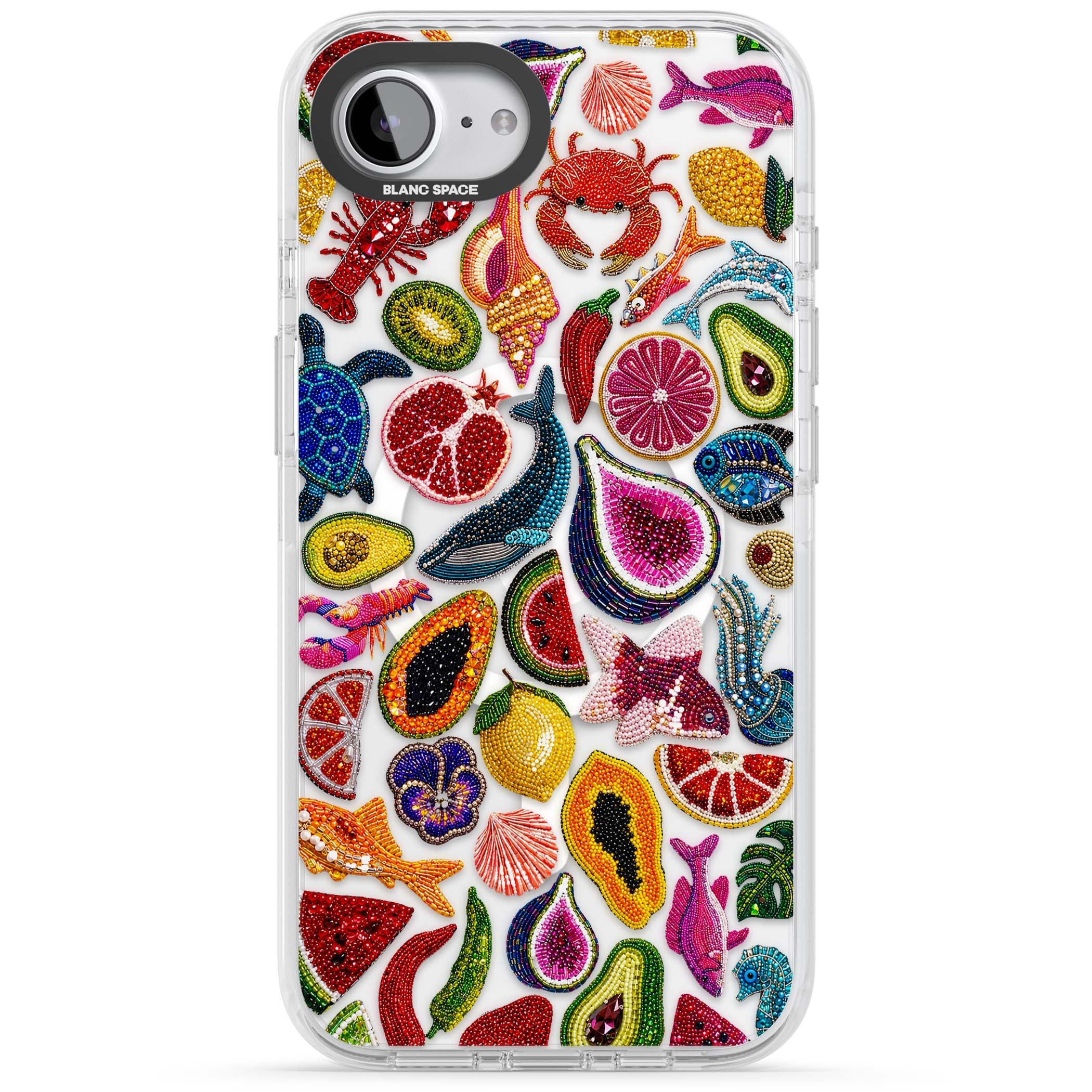 Beaded Tropic tropical iPhone case featuring beaded fruit, fish, crabs and seashells in vibrant colour | Impact Magsafe case for iPhone 16e, iPhone 17e