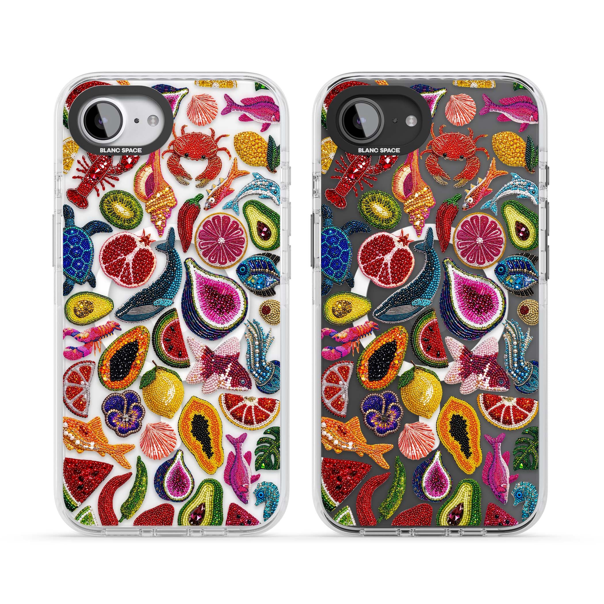 Beaded Tropic tropical iPhone case featuring beaded fruit, fish, crabs and seashells in vibrant colour | Impact Magsafe case for iPhone 16e, iPhone 17e