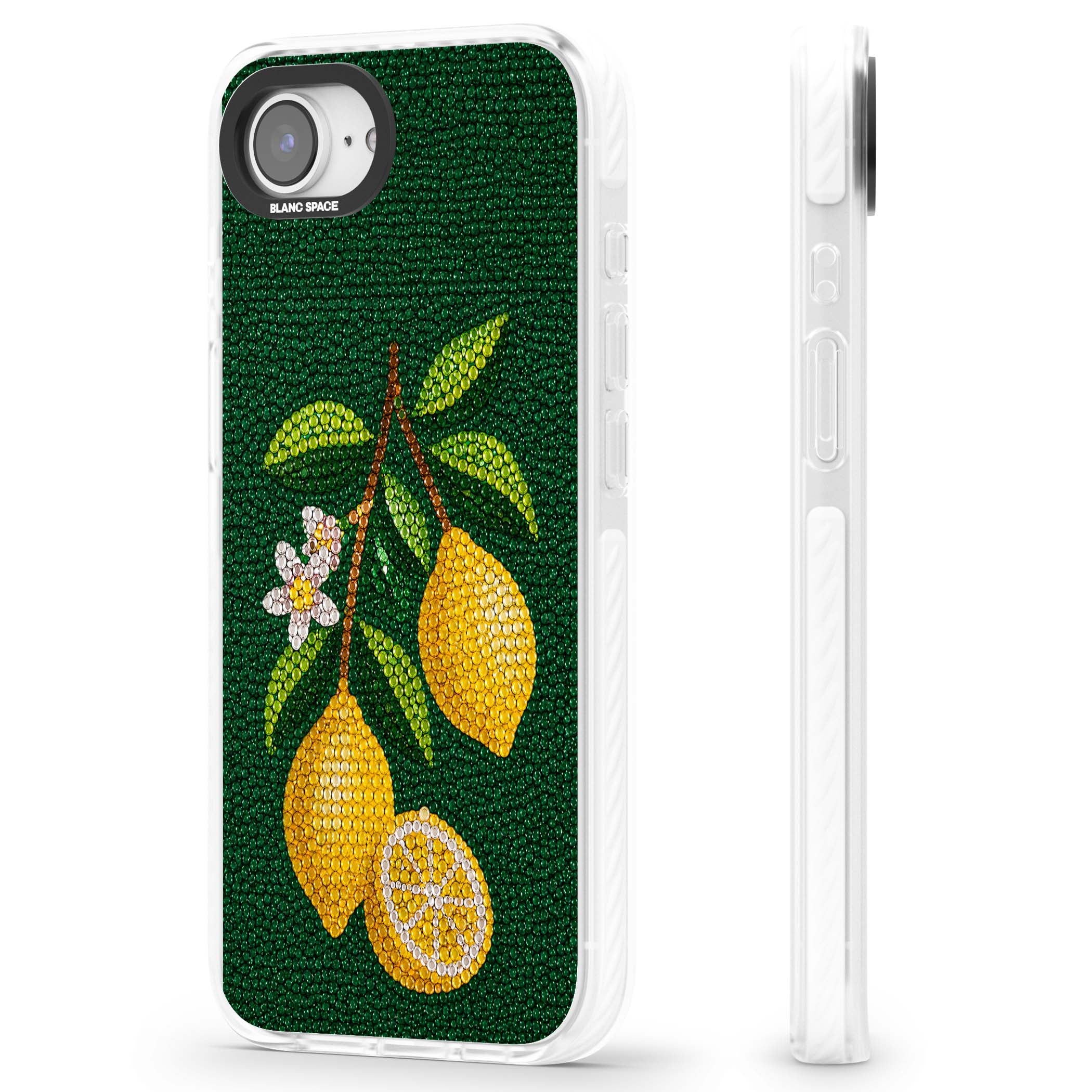 Beaded Lemons coastal iPhone case featuring crystal-beaded lemons, citrus blossom and green leaves on emerald ground | Impact Magsafe case for iPhone 16e, iPhone 17e