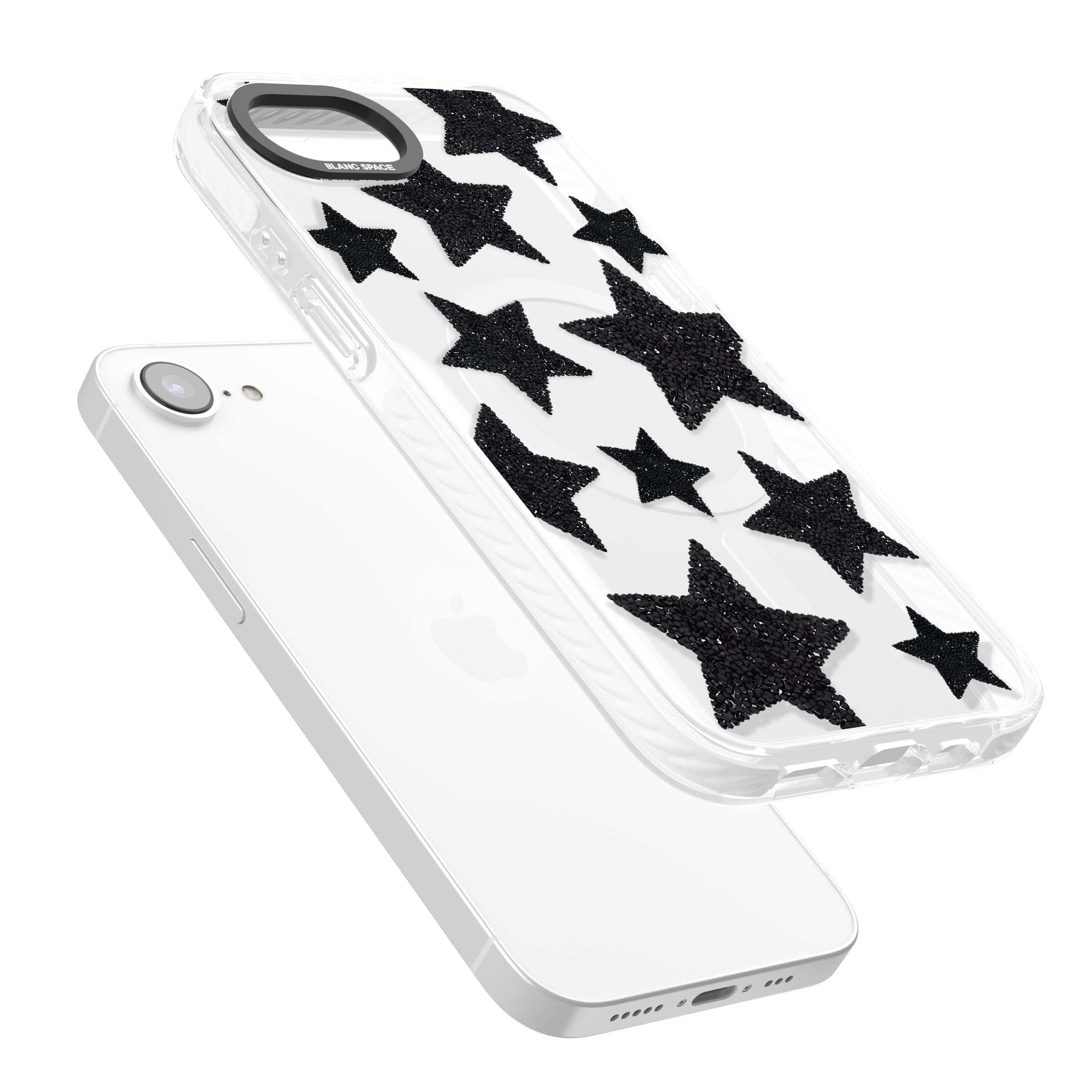 Beaded Black Stars celestial iPhone case featuring black glitter beaded stars scattered on a clear background | Impact Magsafe case for iPhone 16e, iPhone 17e