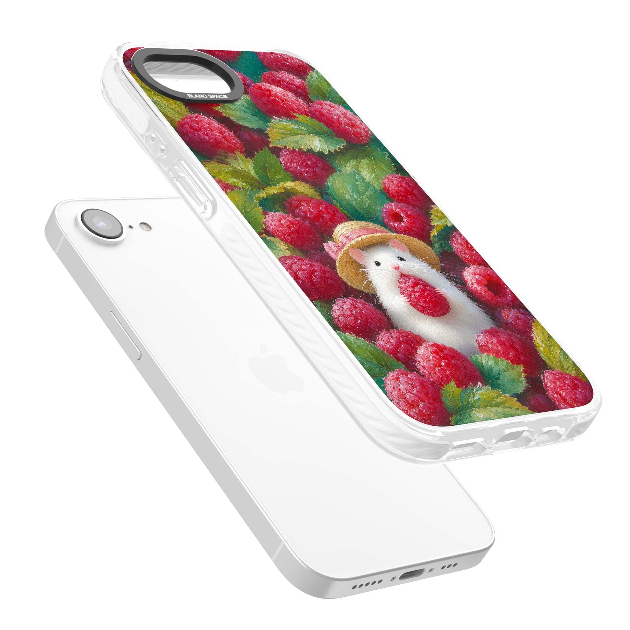 Berry Forager cottagecore iPhone case featuring a white hamster in a straw hat holding a raspberry surrounded by ripe ber | Impact Magsafe case for iPhone 16e, iPhone 17e