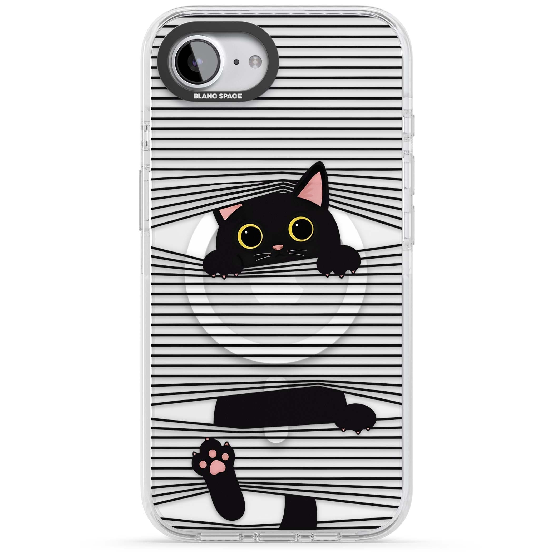 Peek-a-Boo Cat minimal iPhone case featuring black cat peeking through horizontal black and white stripes | Impact Magsafe case for iPhone 16e, iPhone 17e