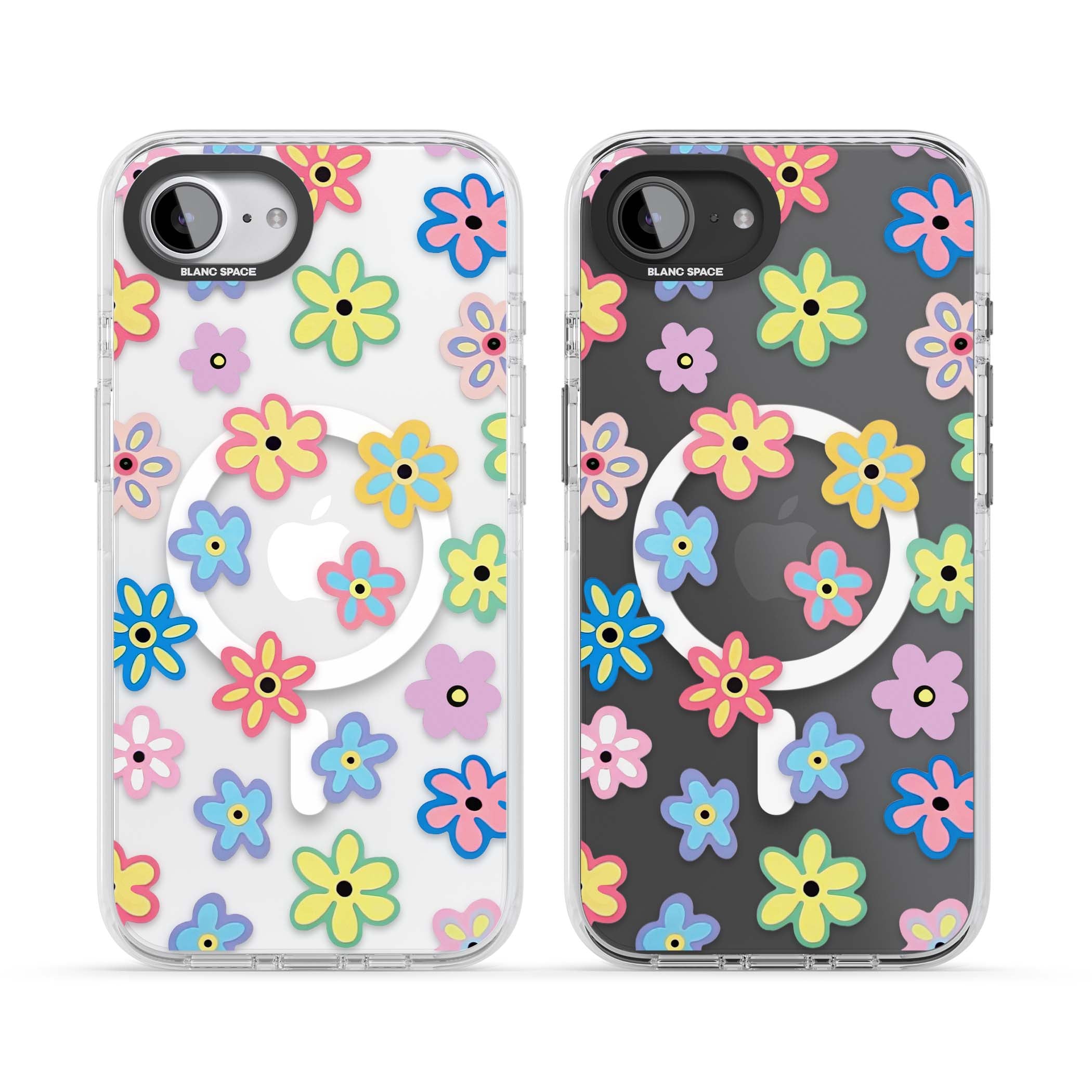 Bloom Pop cottagecore iPhone case featuring multicolor pastel flowers with black centers on clear background | Impact Magsafe case for iPhone 16e, iPhone 17e