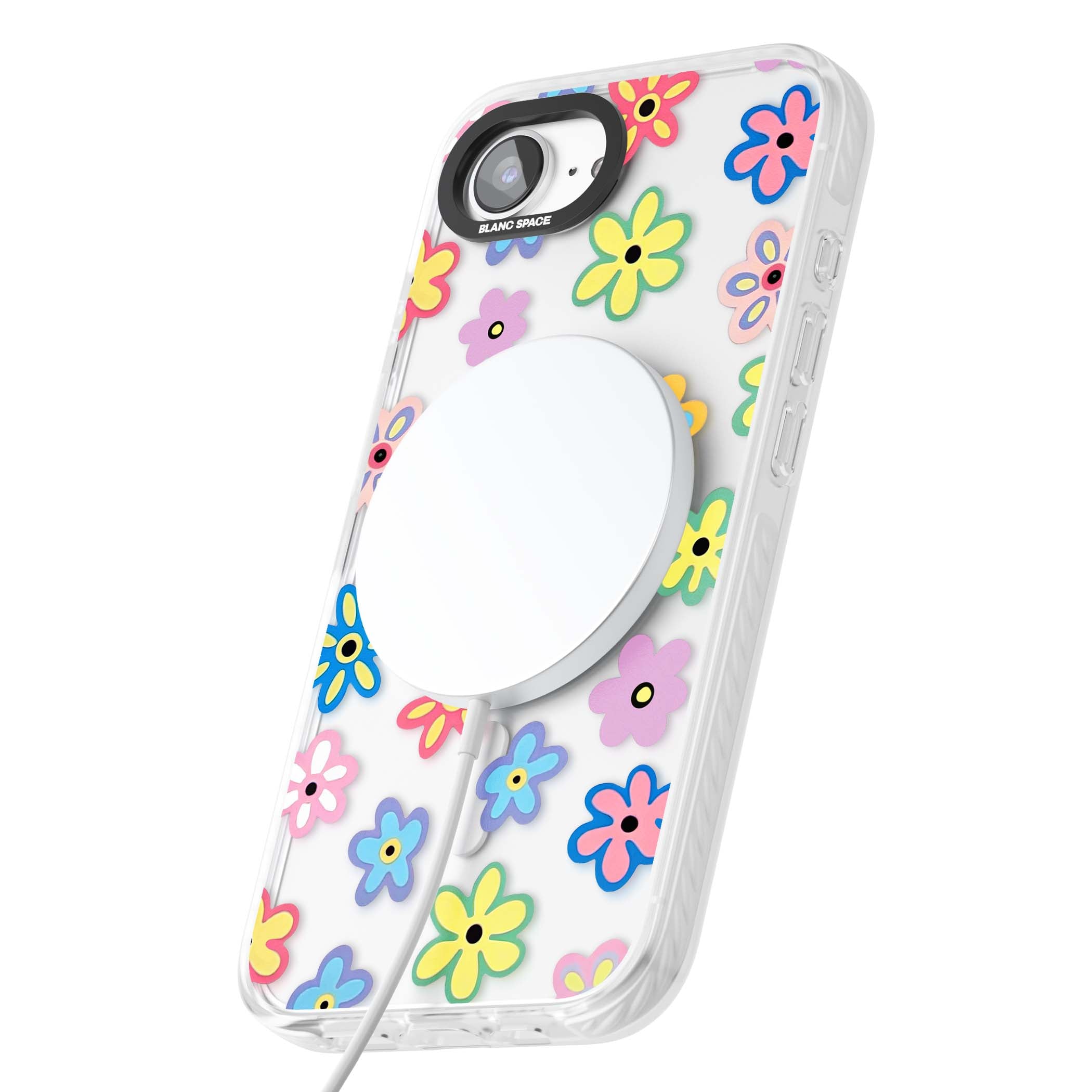 Bloom Pop cottagecore iPhone case featuring multicolor pastel flowers with black centers on clear background | Impact Magsafe case for iPhone 16e, iPhone 17e