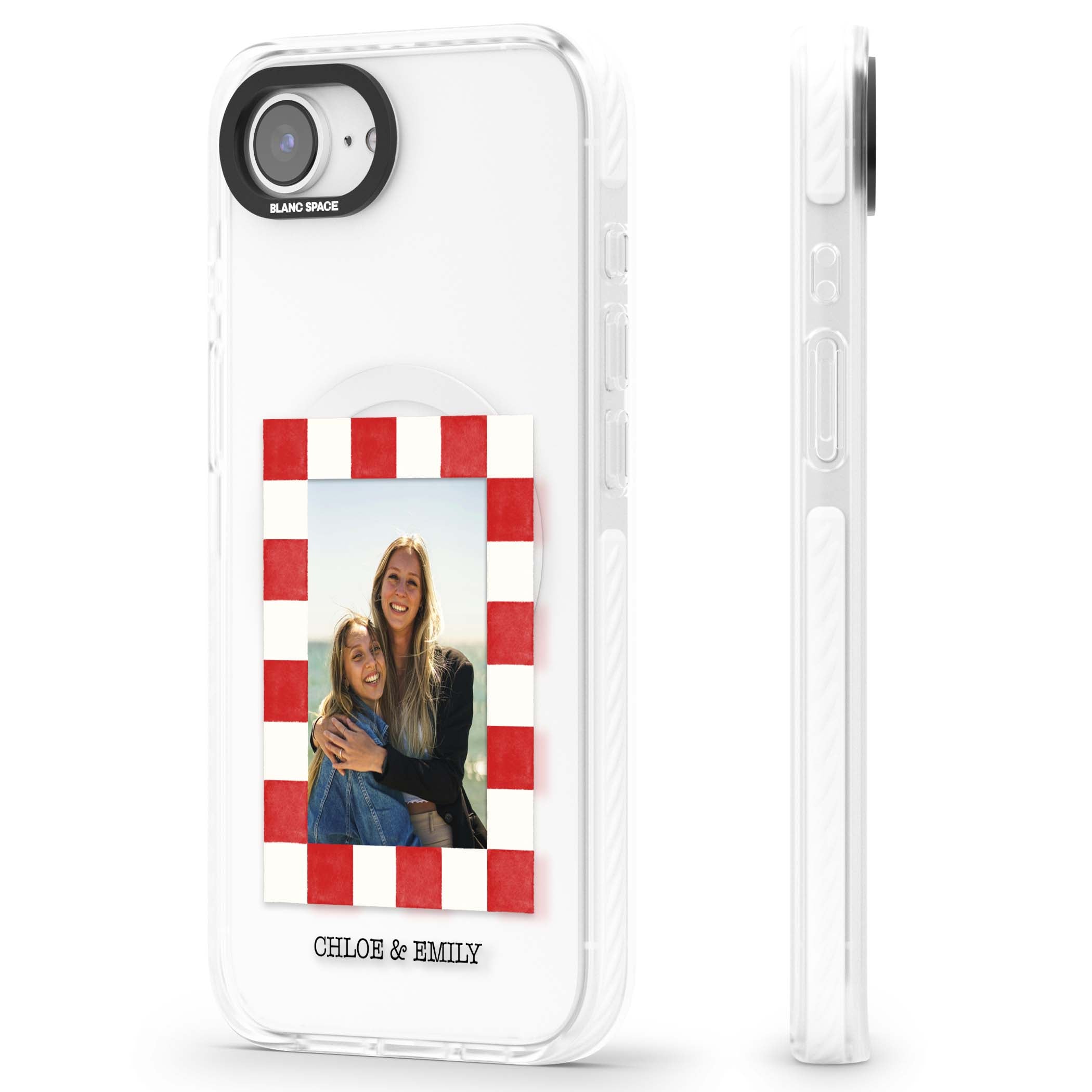 Red Check Photo personalised photo iPhone case with red and white checkered polaroid frame and custom couple name | Impact Magsafe case for iPhone 16e, iPhone 17e