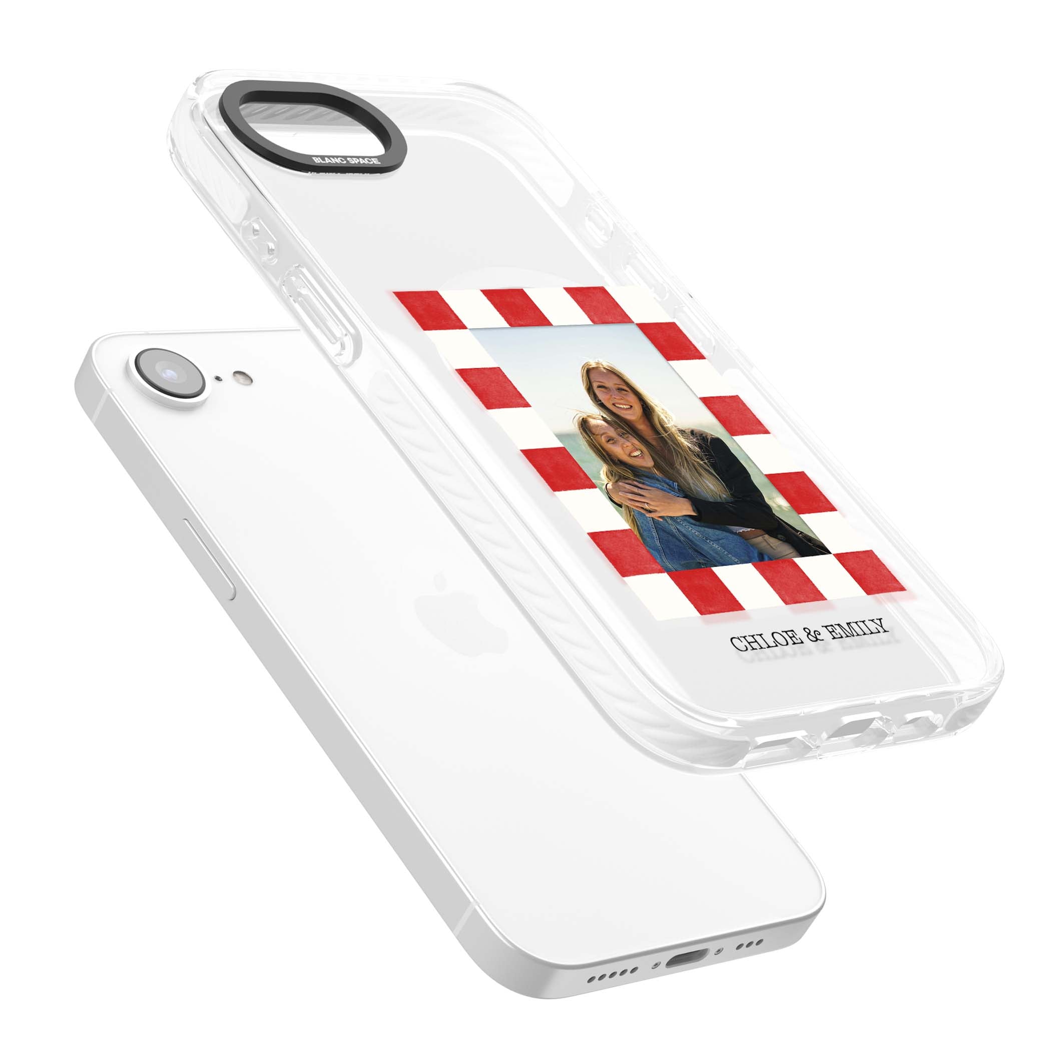 Red Check Photo personalised photo iPhone case with red and white checkered polaroid frame and custom couple name | Impact Magsafe case for iPhone 16e, iPhone 17e