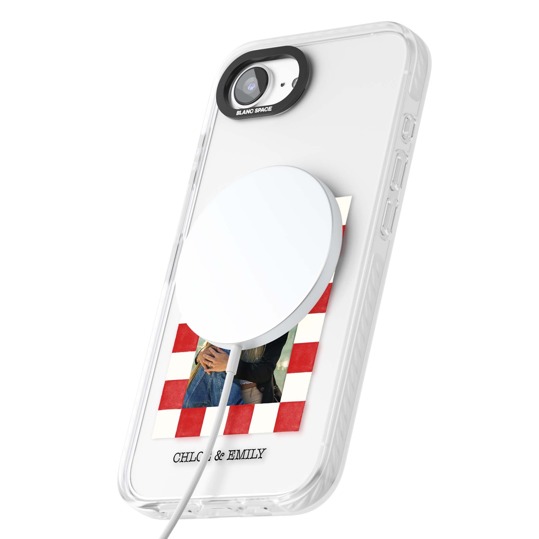 Red Check Photo personalised photo iPhone case with red and white checkered polaroid frame and custom couple name | Impact Magsafe case for iPhone 16e, iPhone 17e