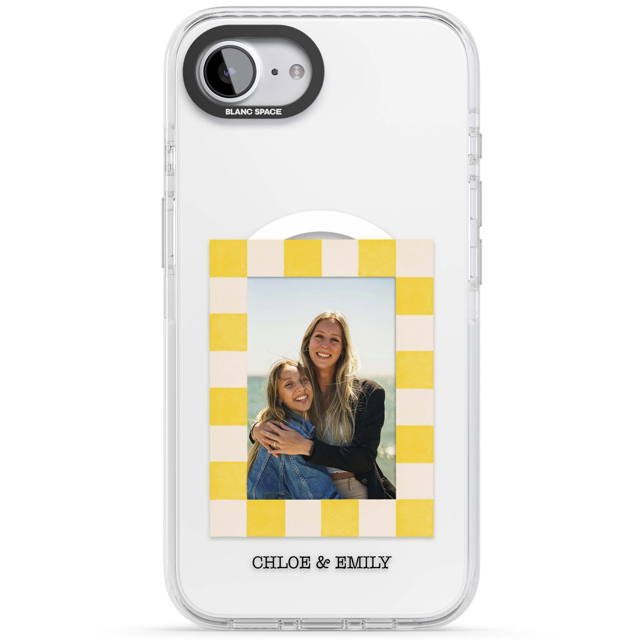 Yellow Check Photo personalised iPhone case with yellow checkered Polaroid frame and custom names beneath | Impact Magsafe case for iPhone 16e, iPhone 17e