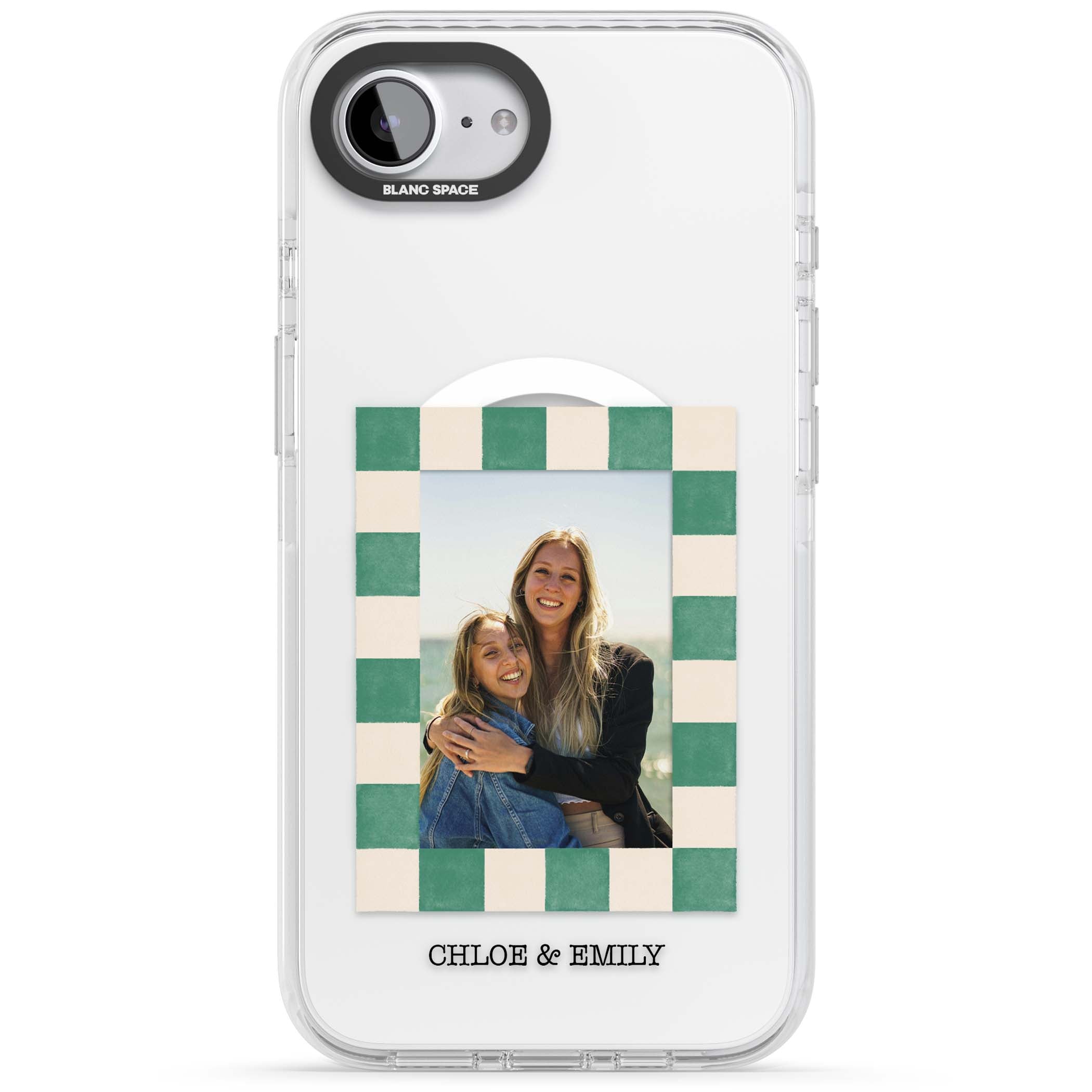 Seafoam Check Photo personalised iPhone case featuring a custom polaroid photo, green and cream checkered frame, and custom n | Impact Magsafe case for iPhone 16e, iPhone 17e