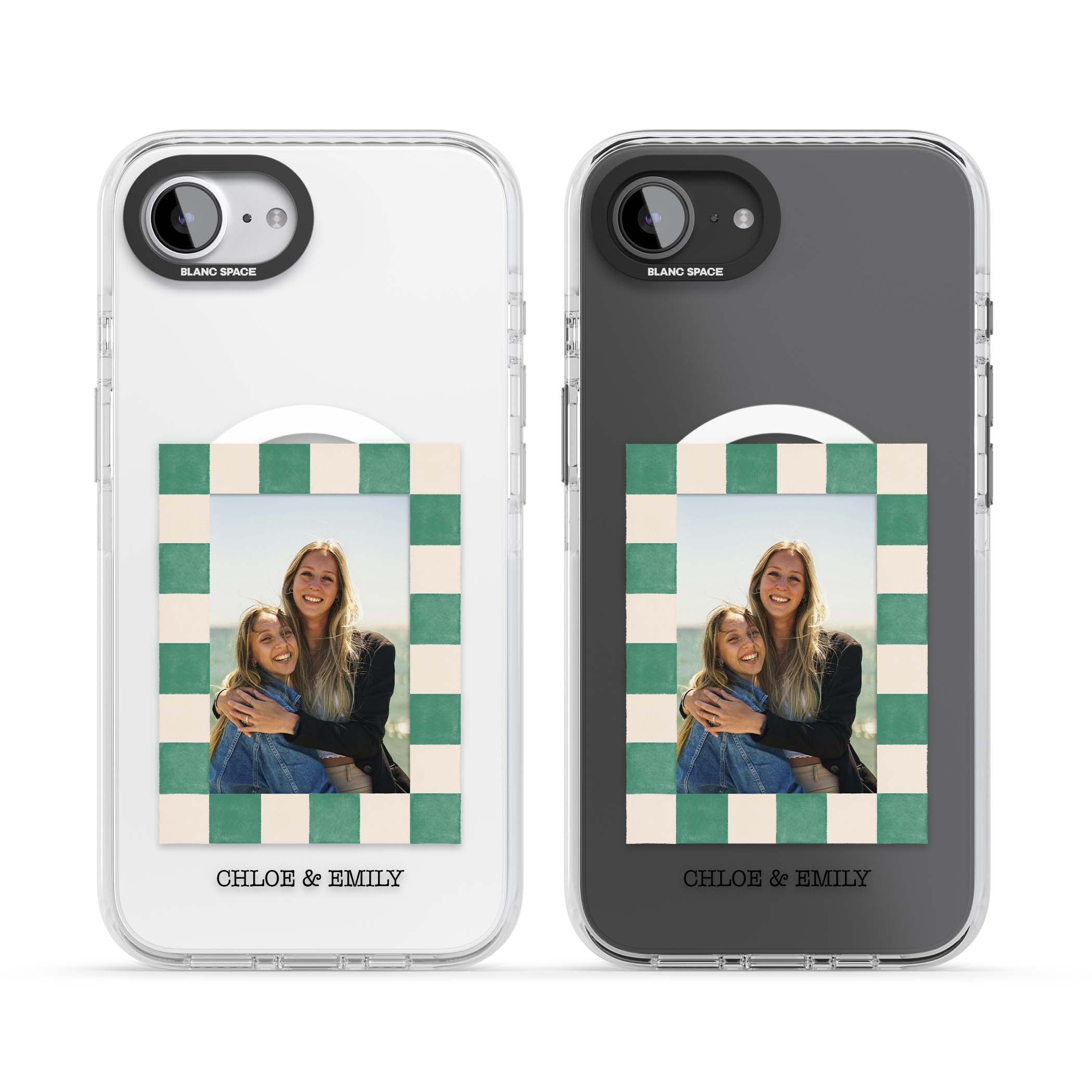Seafoam Check Photo personalised iPhone case featuring a custom polaroid photo, green and cream checkered frame, and custom n | Impact Magsafe case for iPhone 16e, iPhone 17e