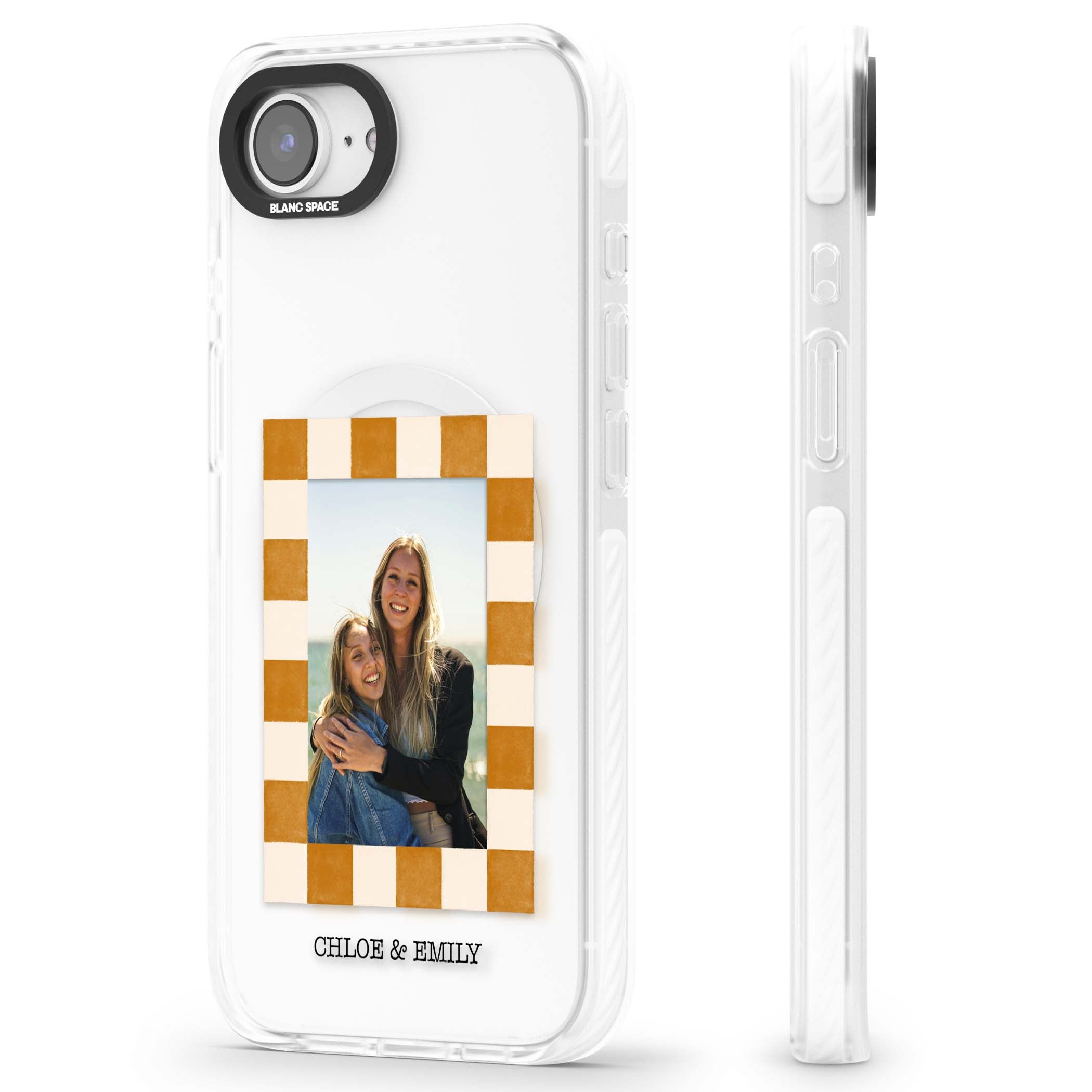 Citrus Check Photo personalised iPhone case with custom photo, orange checkered frame and names underneath | Impact Magsafe case for iPhone 16e, iPhone 17e