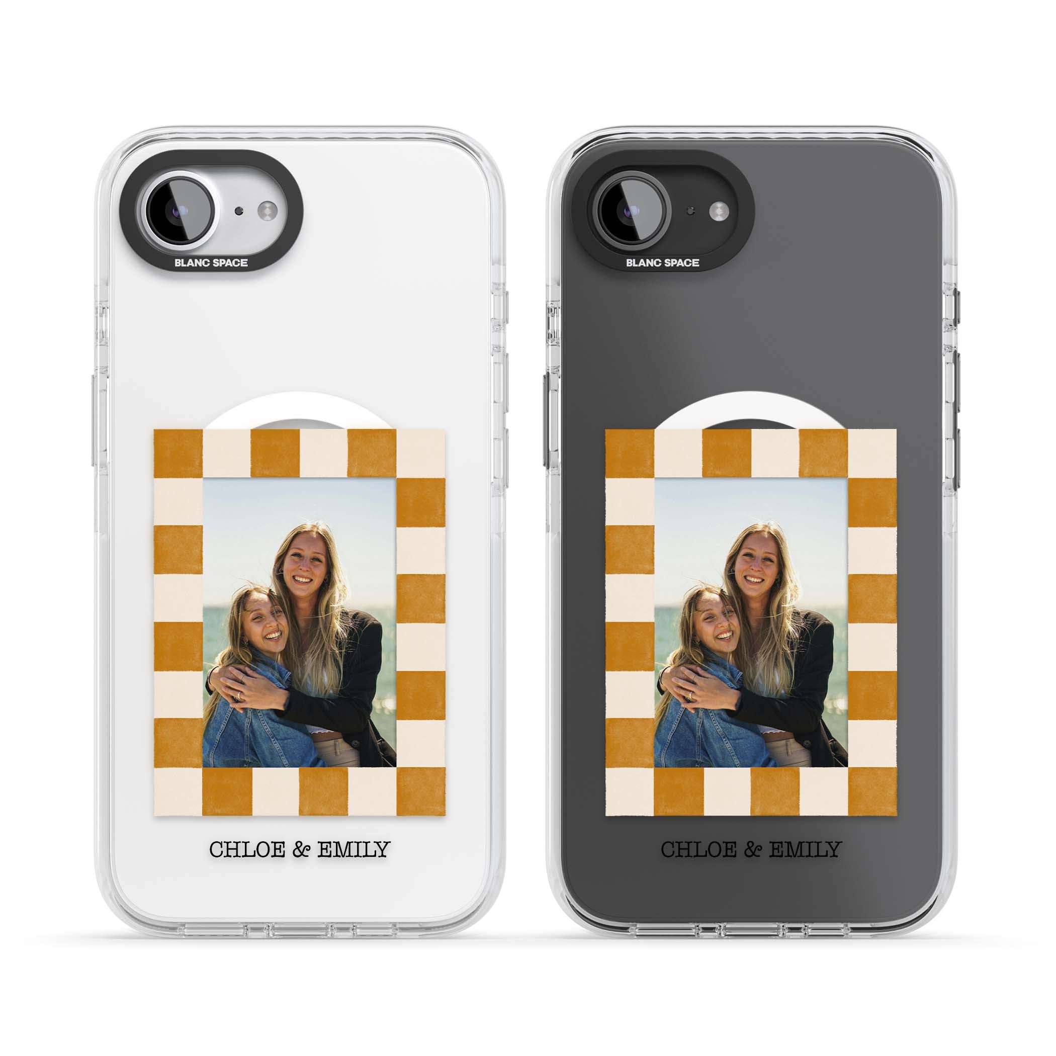Citrus Check Photo personalised iPhone case with custom photo, orange checkered frame and names underneath | Impact Magsafe case for iPhone 16e, iPhone 17e