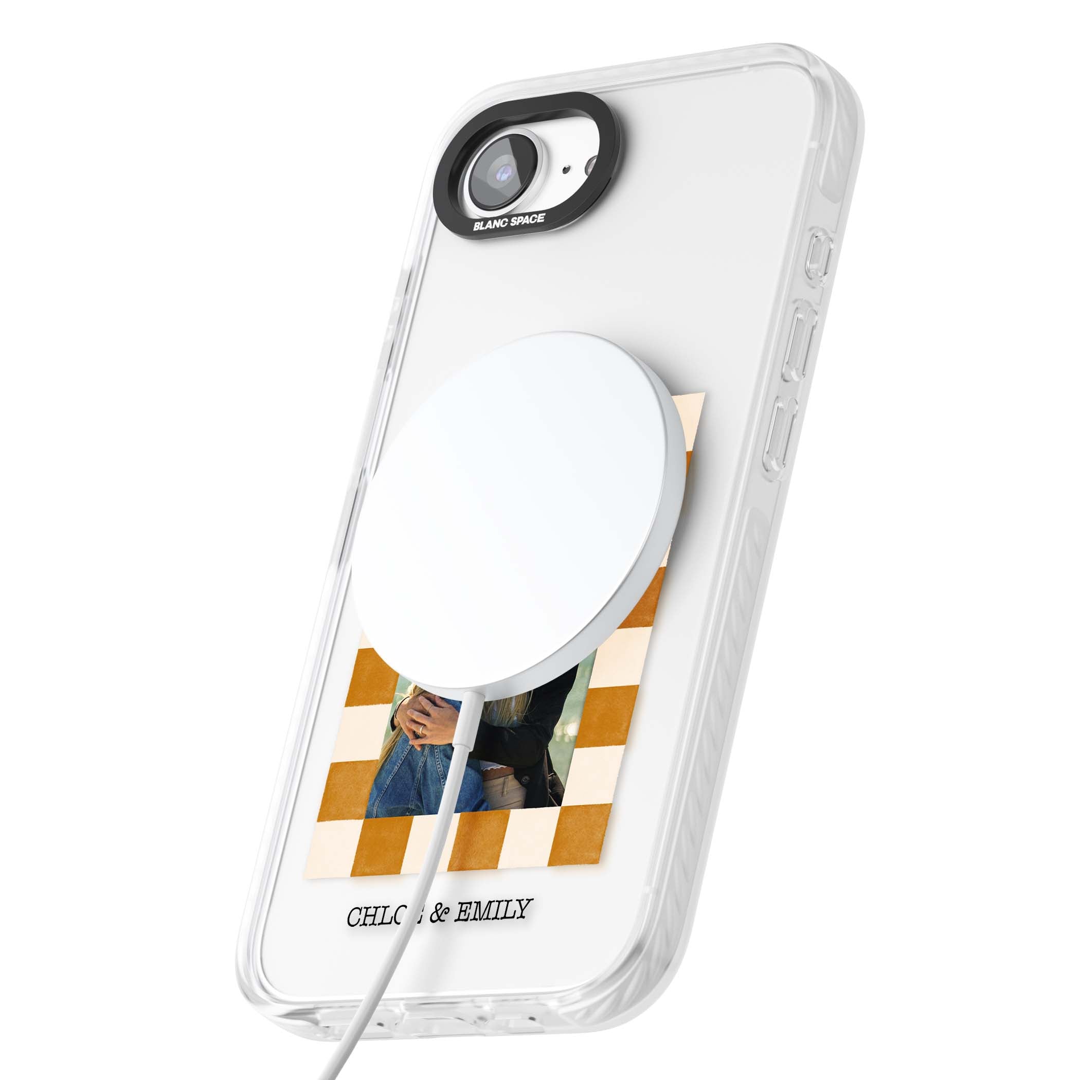 Citrus Check Photo personalised iPhone case with custom photo, orange checkered frame and names underneath | Impact Magsafe case for iPhone 16e, iPhone 17e