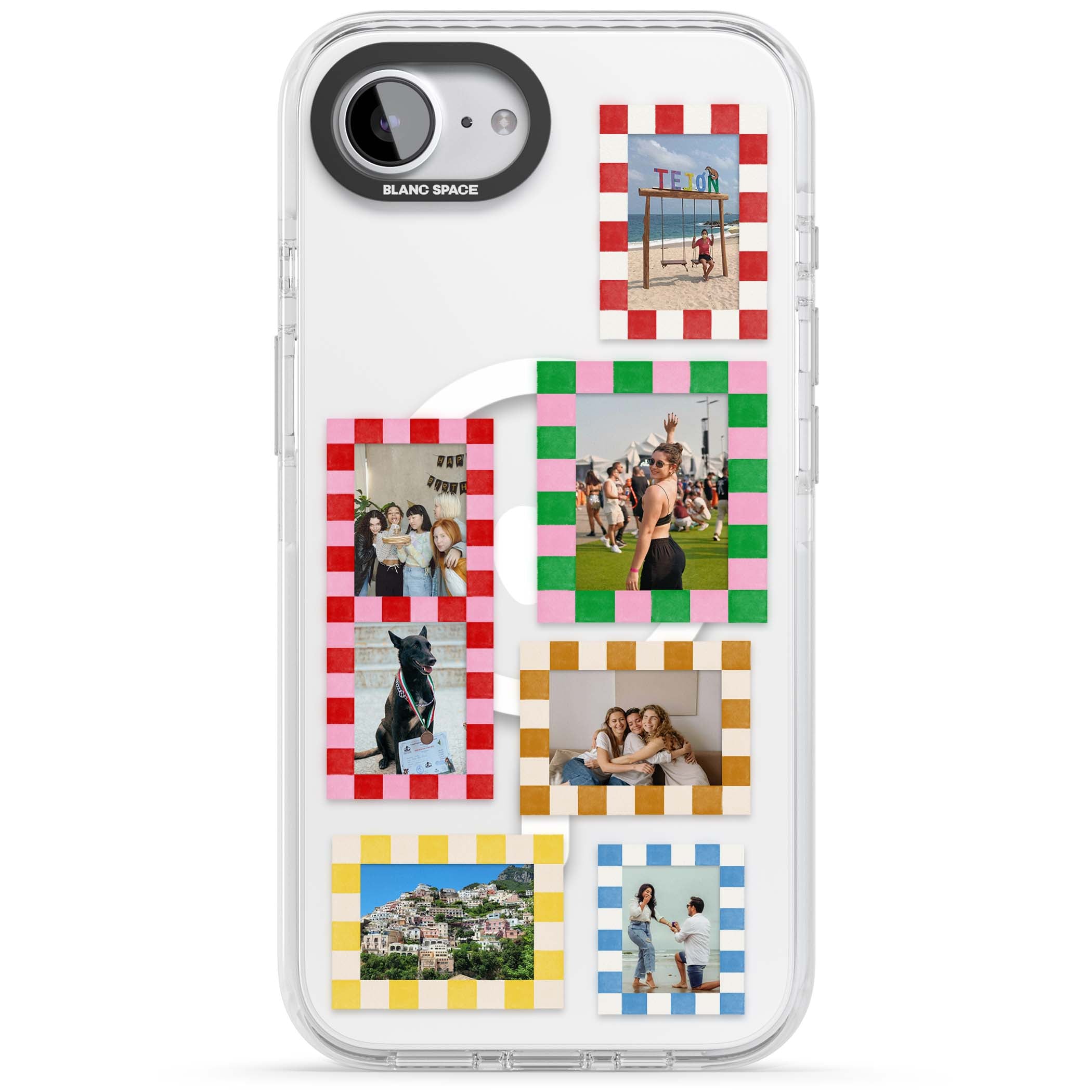 Italian Check Frames custom photo collage iPhone case featuring six checkered photo frames in red, green, pink and | Impact Magsafe case for iPhone 16e, iPhone 17e