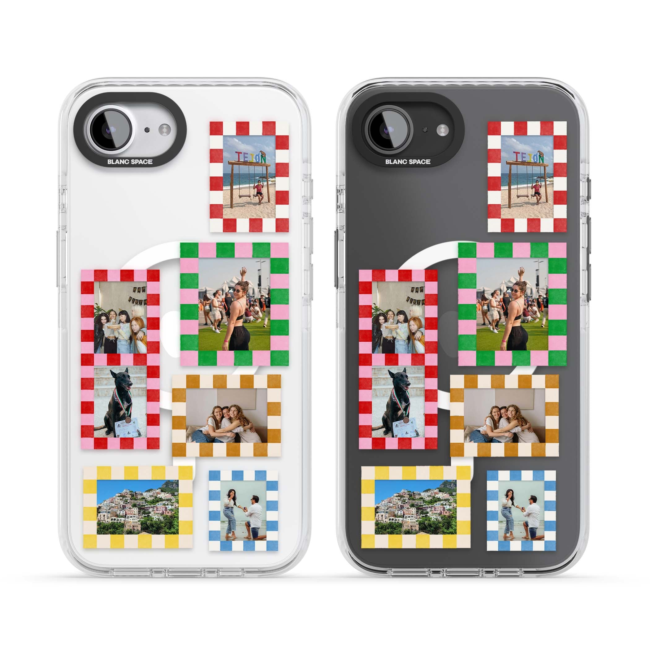 Italian Check Frames custom photo collage iPhone case featuring six checkered photo frames in red, green, pink and | Impact Magsafe case for iPhone 16e, iPhone 17e