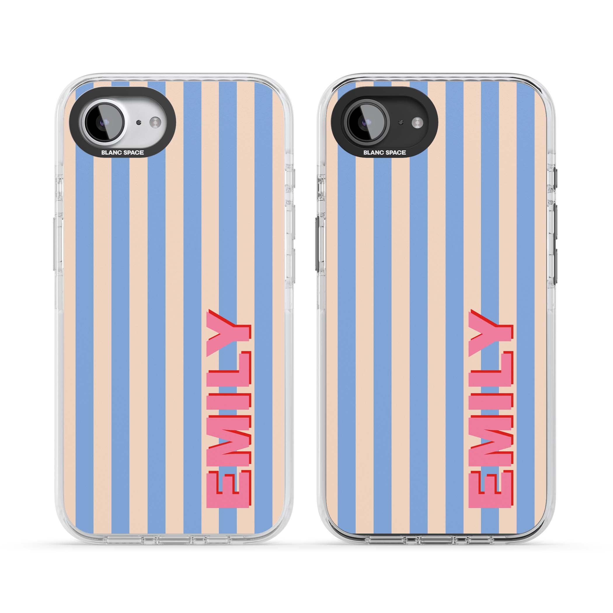 Coastal Stripe personalised coastal iPhone case with blue and peach vertical stripes and custom pink name | Impact Magsafe case for iPhone 16e, iPhone 17e