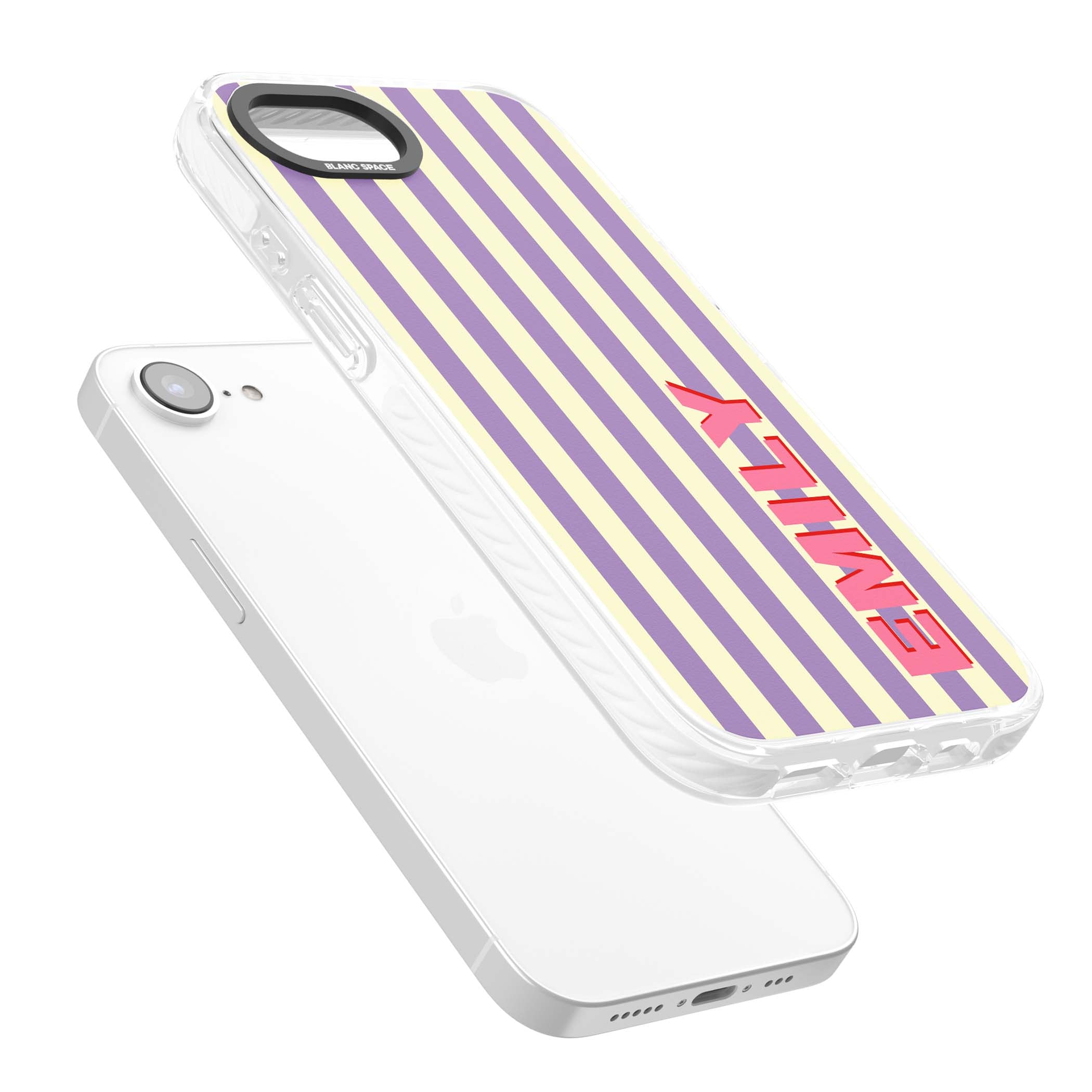 Valensole Stripe personalised iPhone case with purple and cream vertical stripes and pink custom name | Impact Magsafe case for iPhone 16e, iPhone 17e