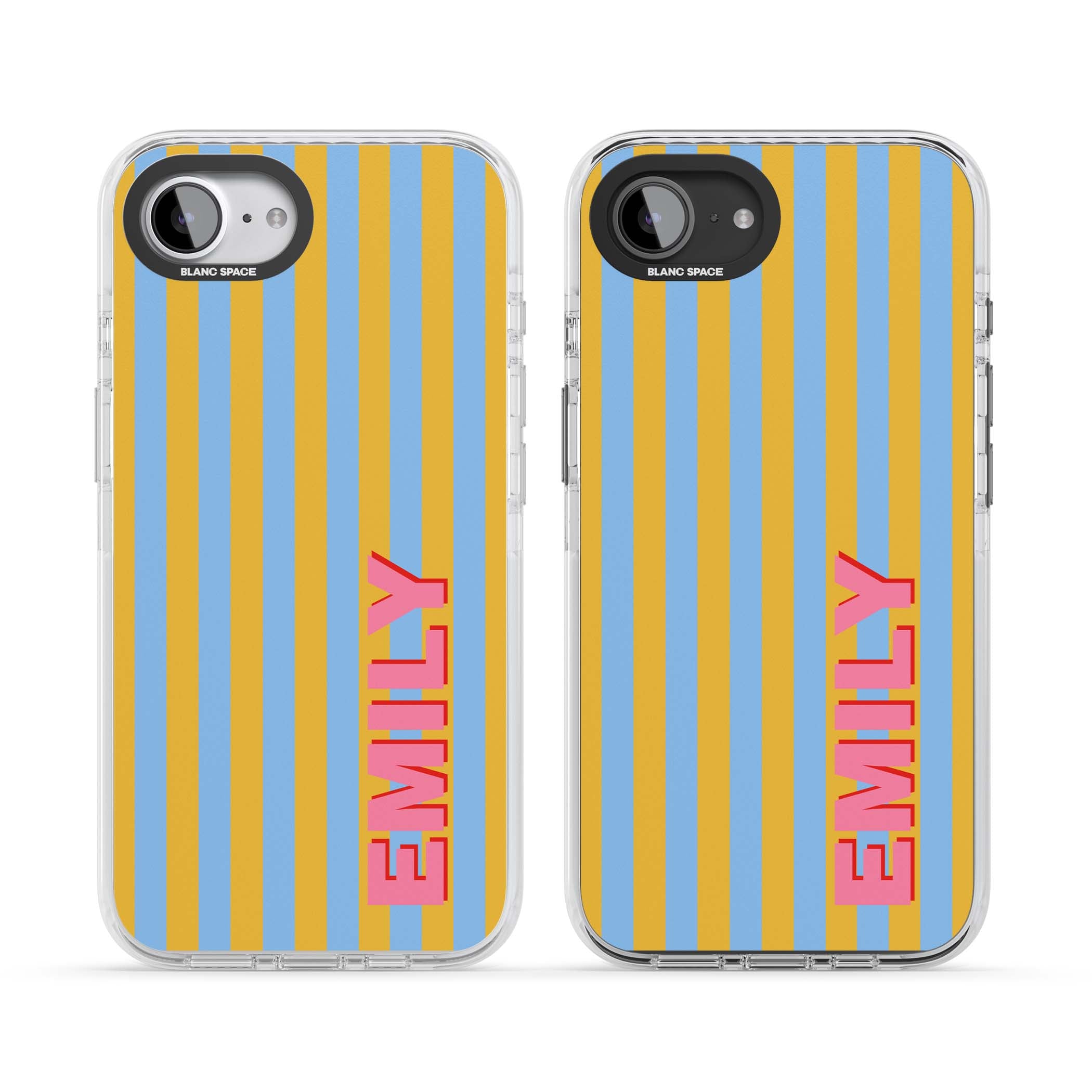 Carribean Stripe personalised coastal iPhone case with yellow and blue vertical stripes and a custom pink name | Impact Magsafe case for iPhone 16e, iPhone 17e